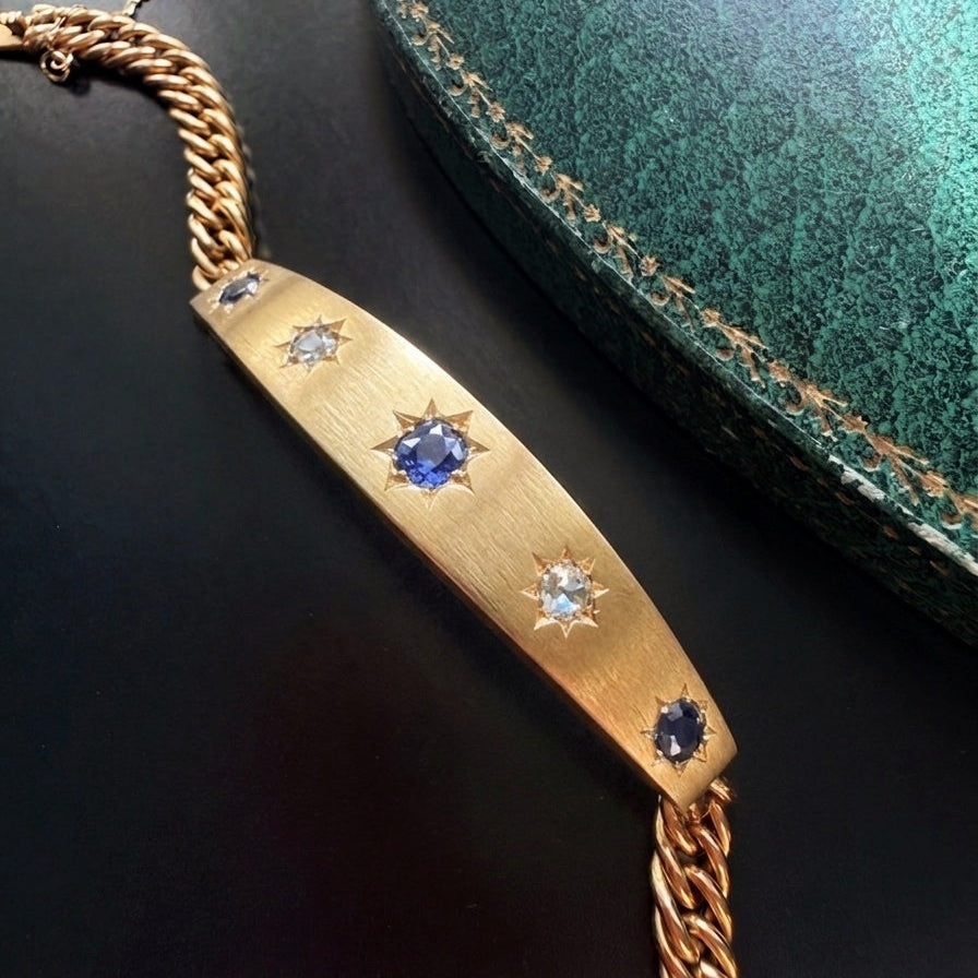 French antique 18K gold blue sapphire & diamond star curb link bracelet