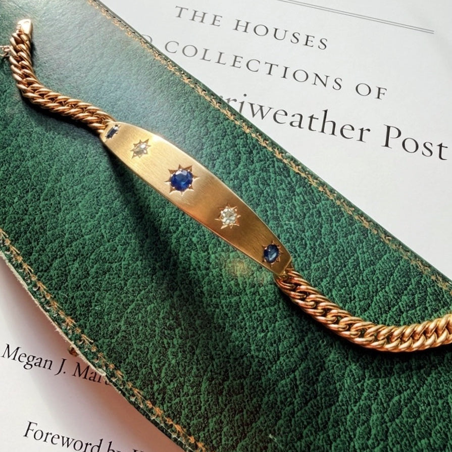 French antique 18K gold blue sapphire & diamond star curb link bracelet