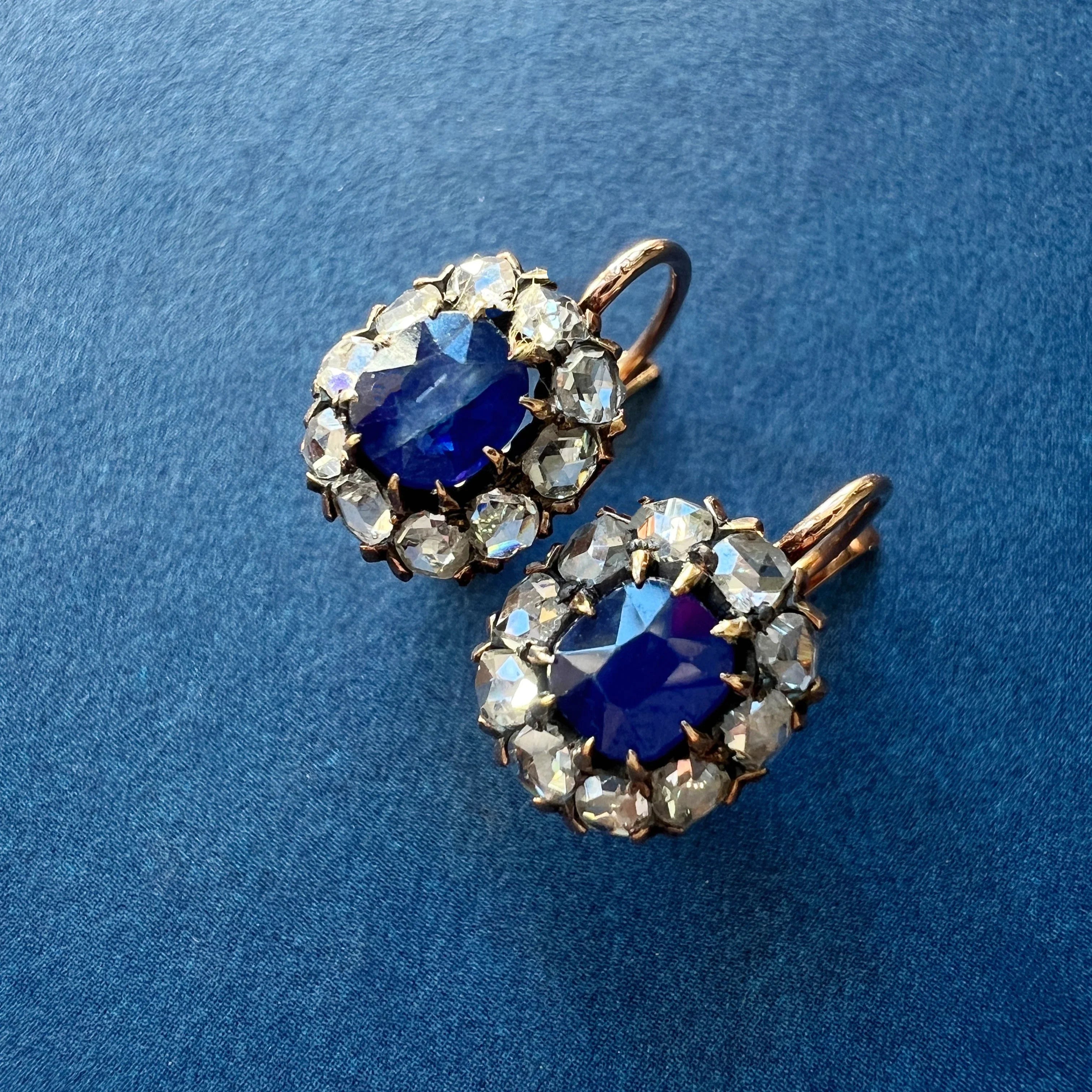 14k gold rose cut diamond and blue sapphires earrings