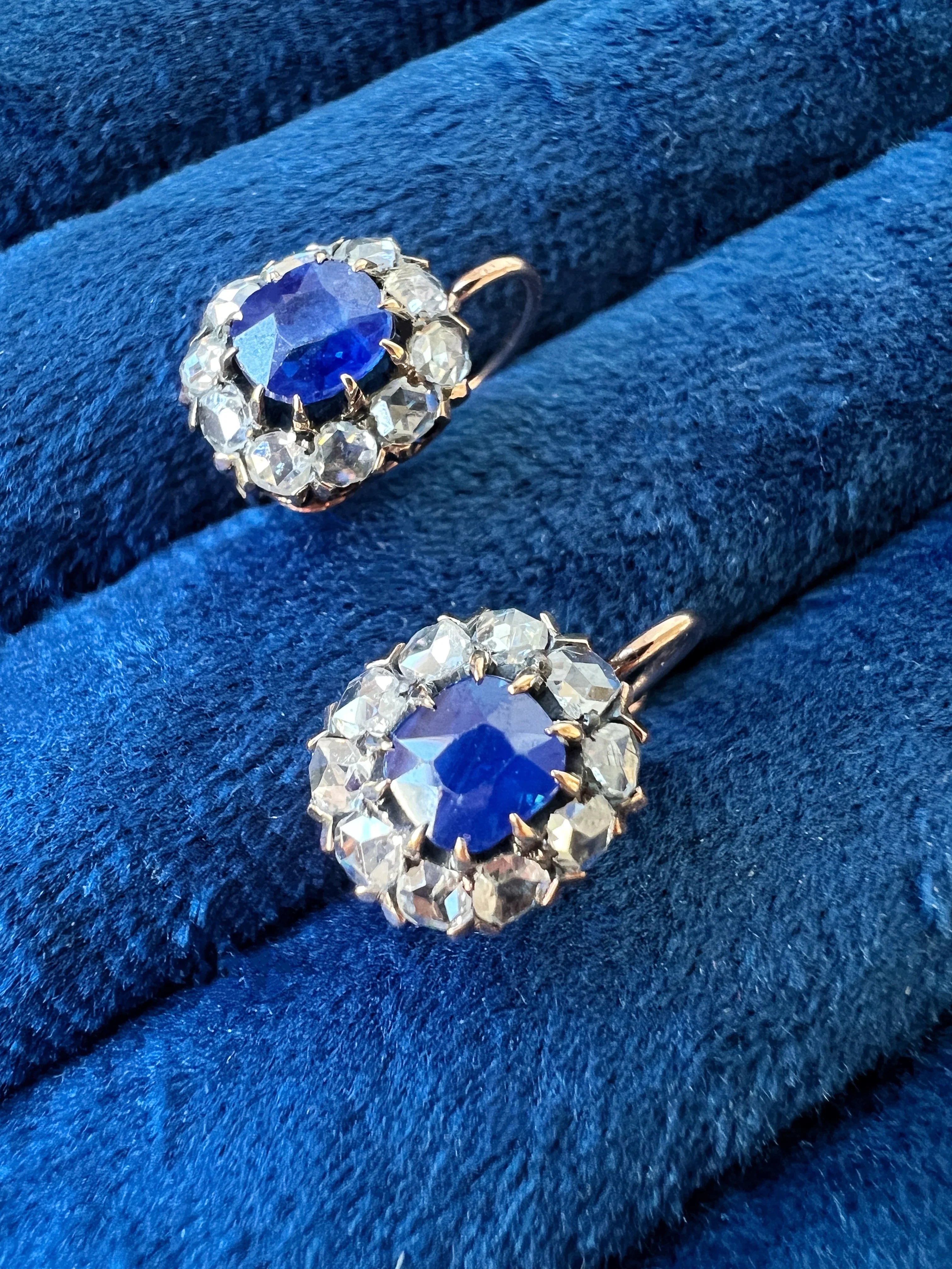 Antique 14k gold rose cut diamond and blue sapphires earrings