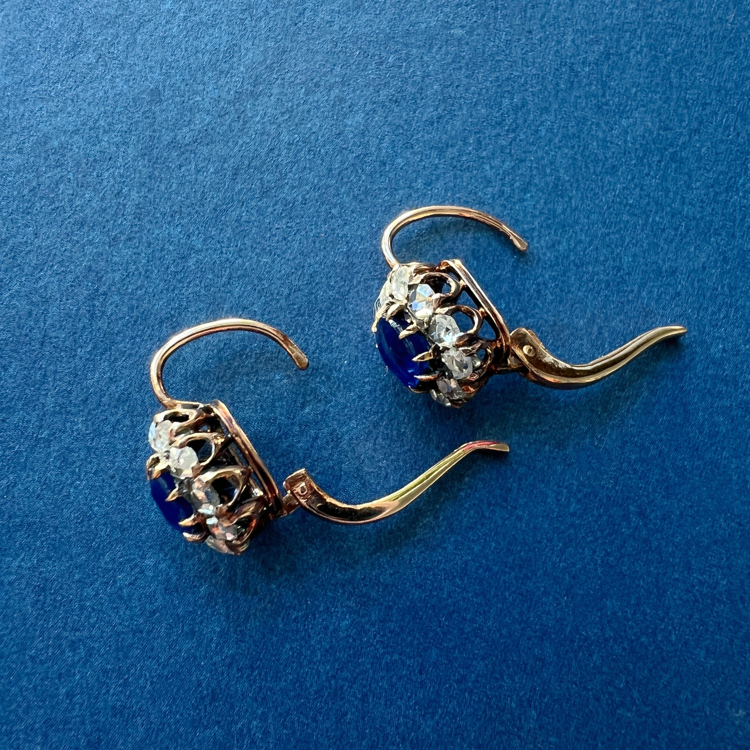 14k gold rose cut diamond and blue sapphires earrings