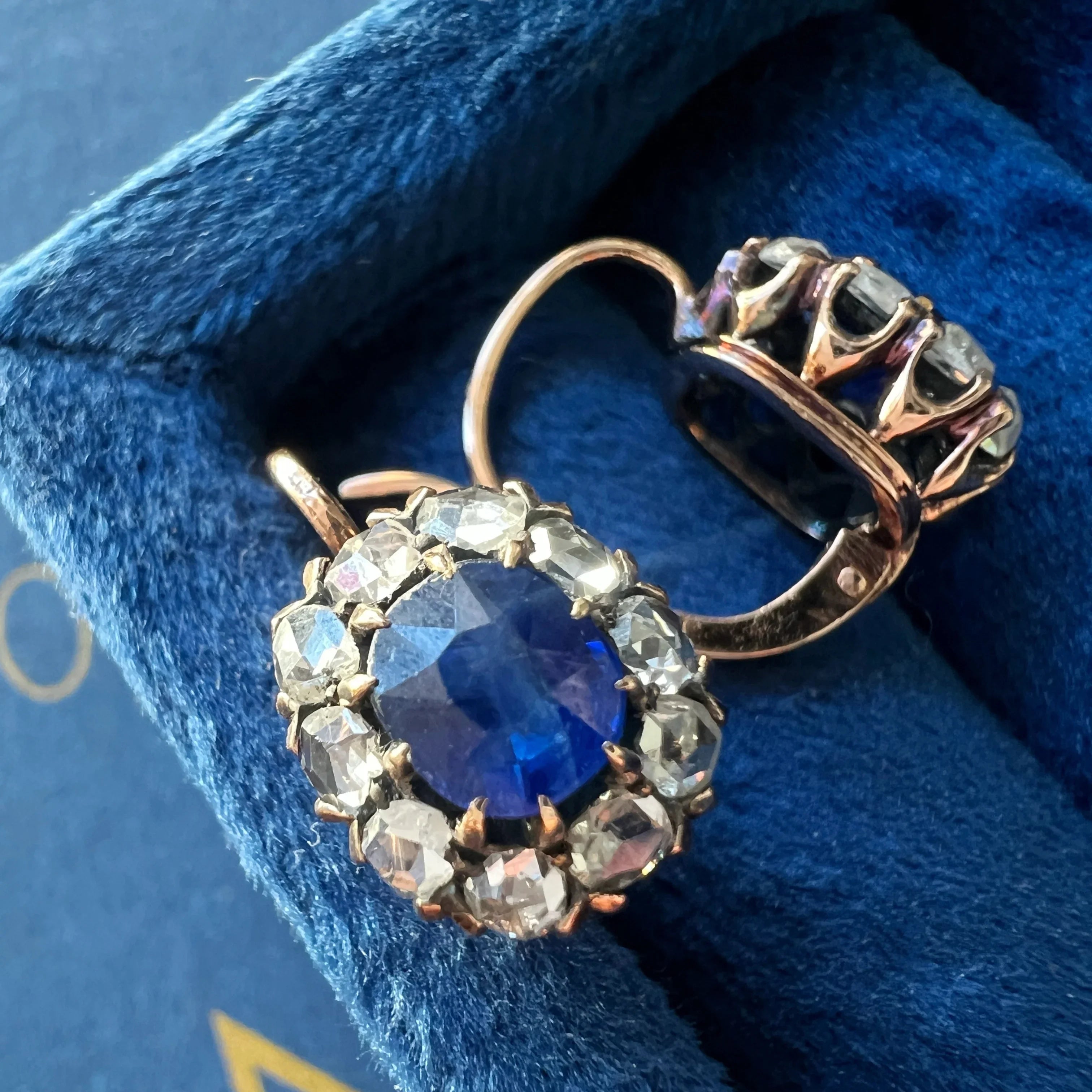 14k gold rose cut diamond and blue sapphires earrings