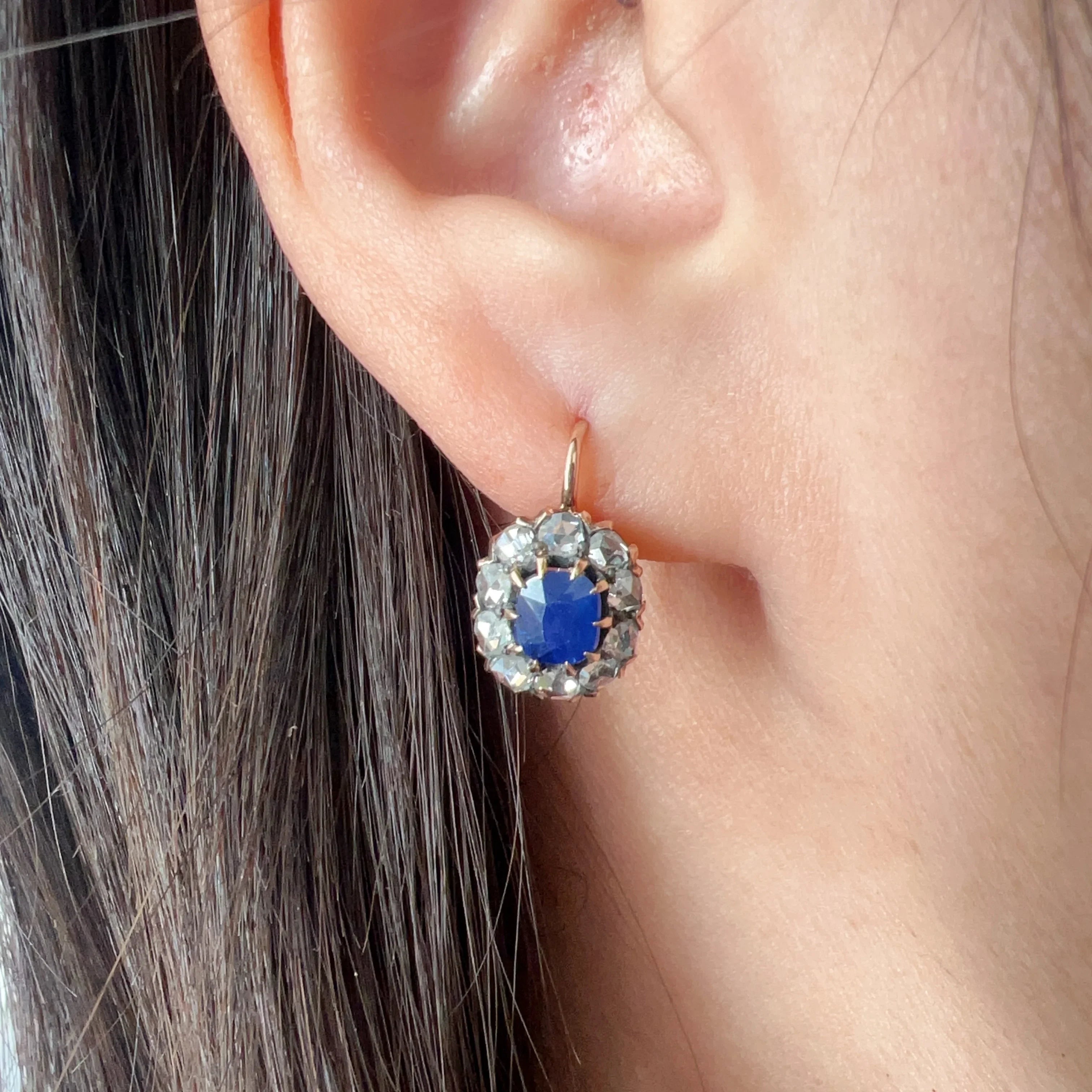 Antique 14k gold rose cut diamond and blue sapphires earrings