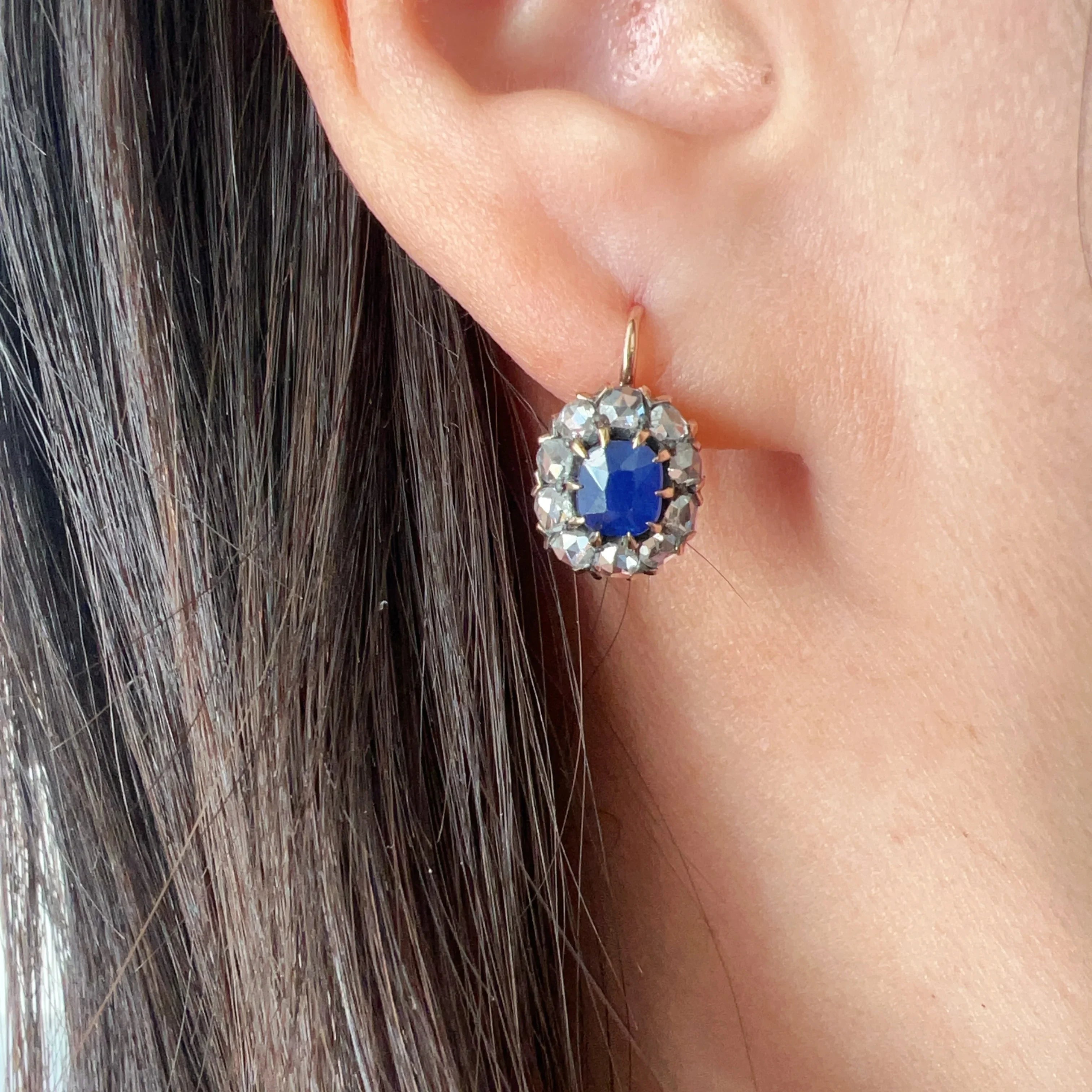 Antique 14k gold rose cut diamond and blue sapphires earrings