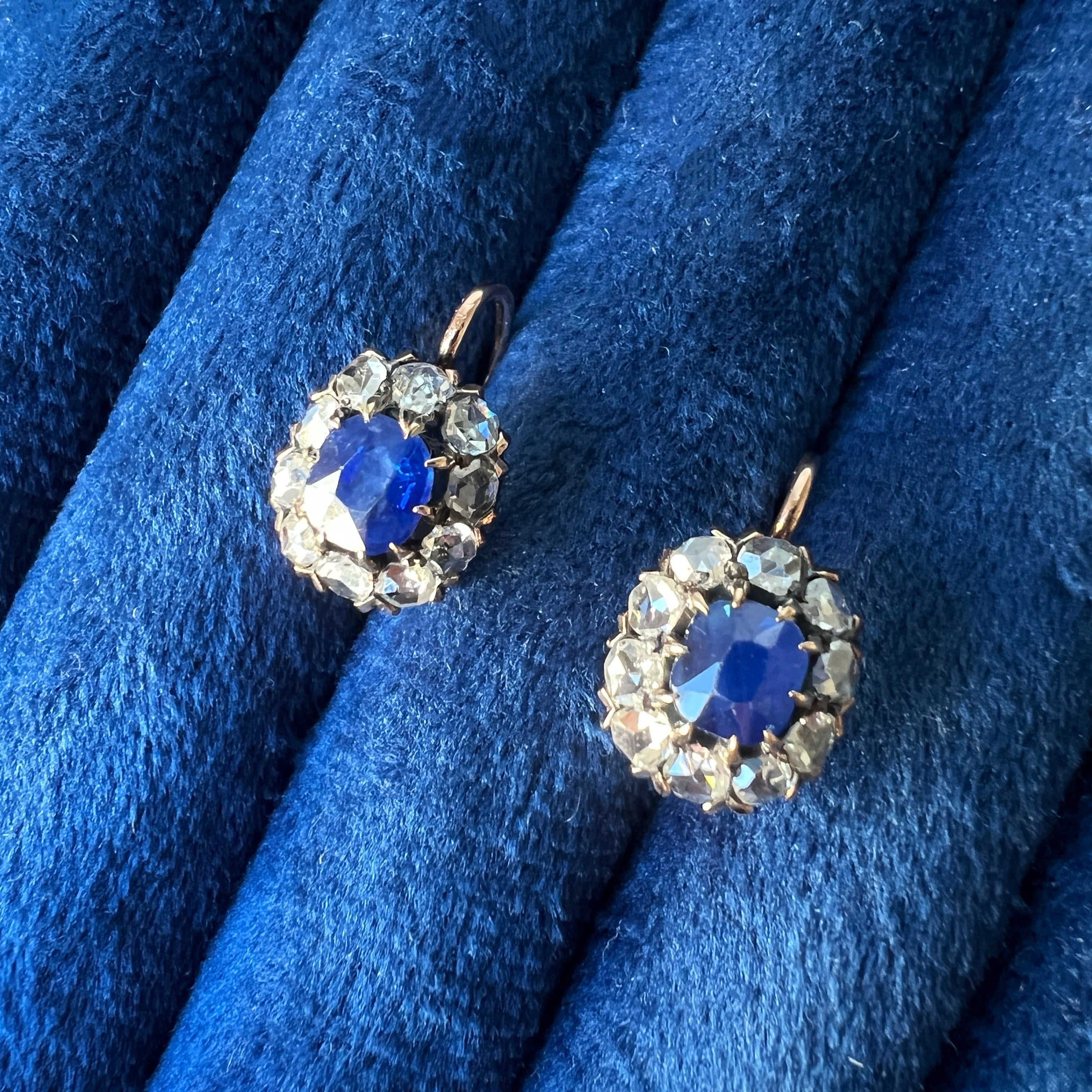 14k gold rose cut diamond and blue sapphires earrings