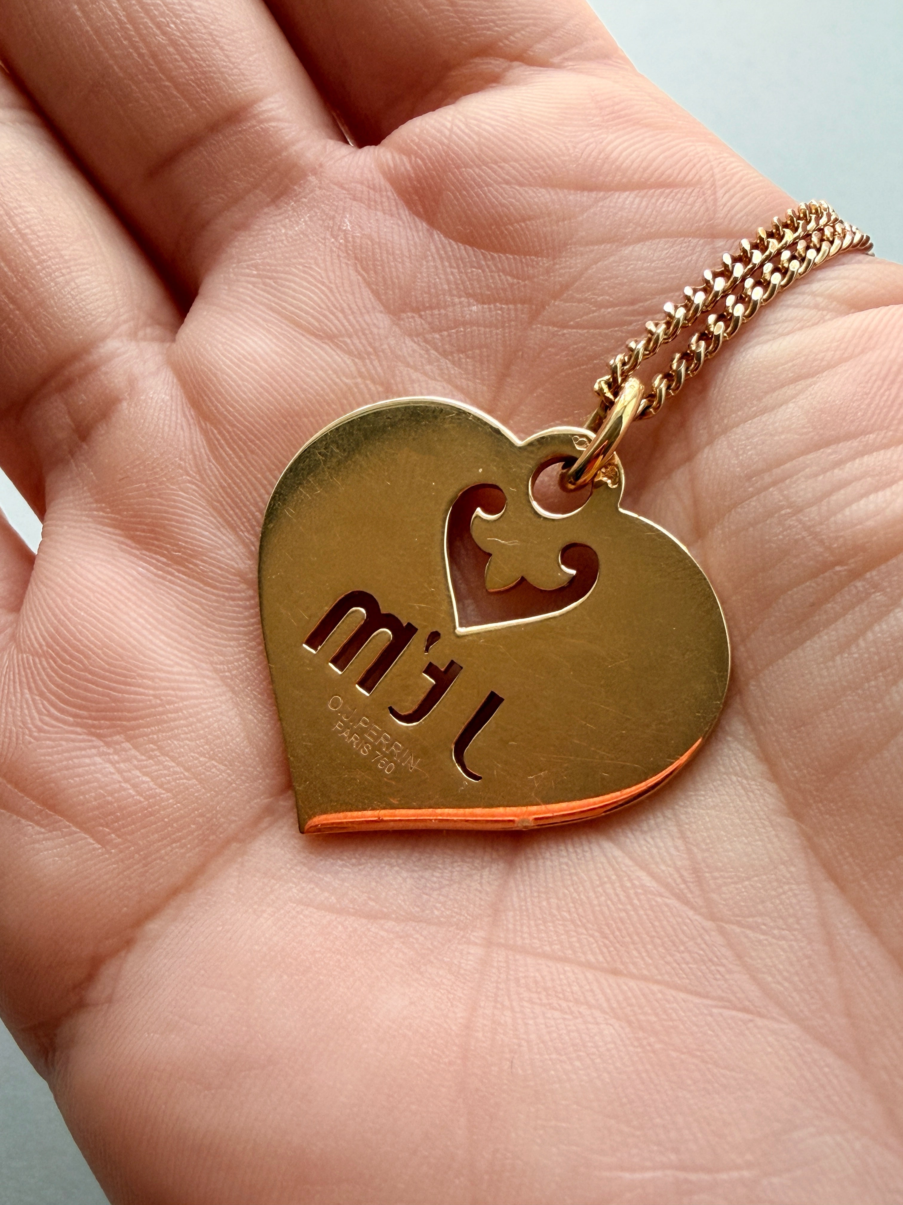 O.J. Perrin Paris 18K Gold “J t’m” “Coeur légende” Heart Pendant
