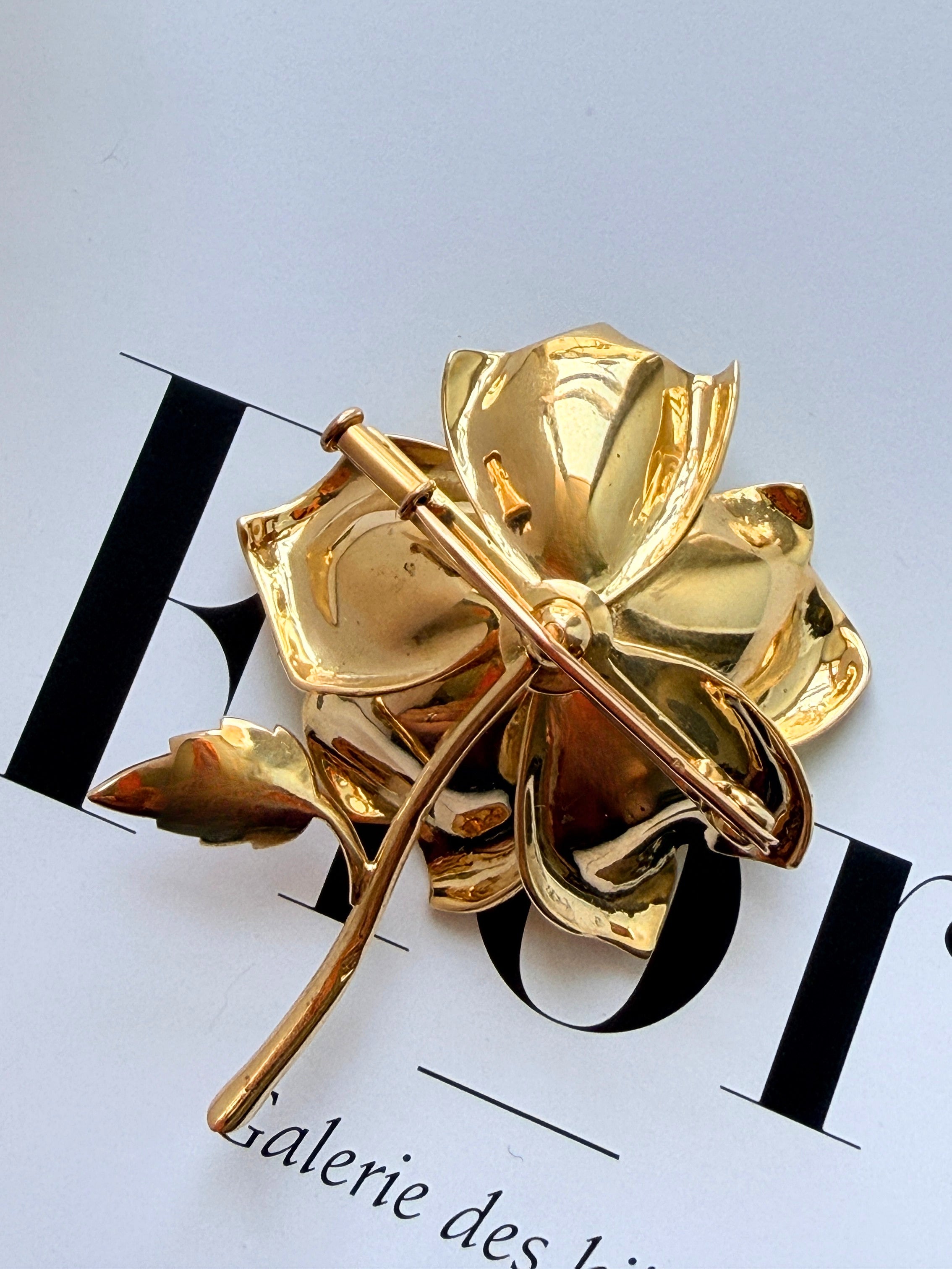 French 18K gold diamond rose flower brooch, by Chevrier Huot Didelot