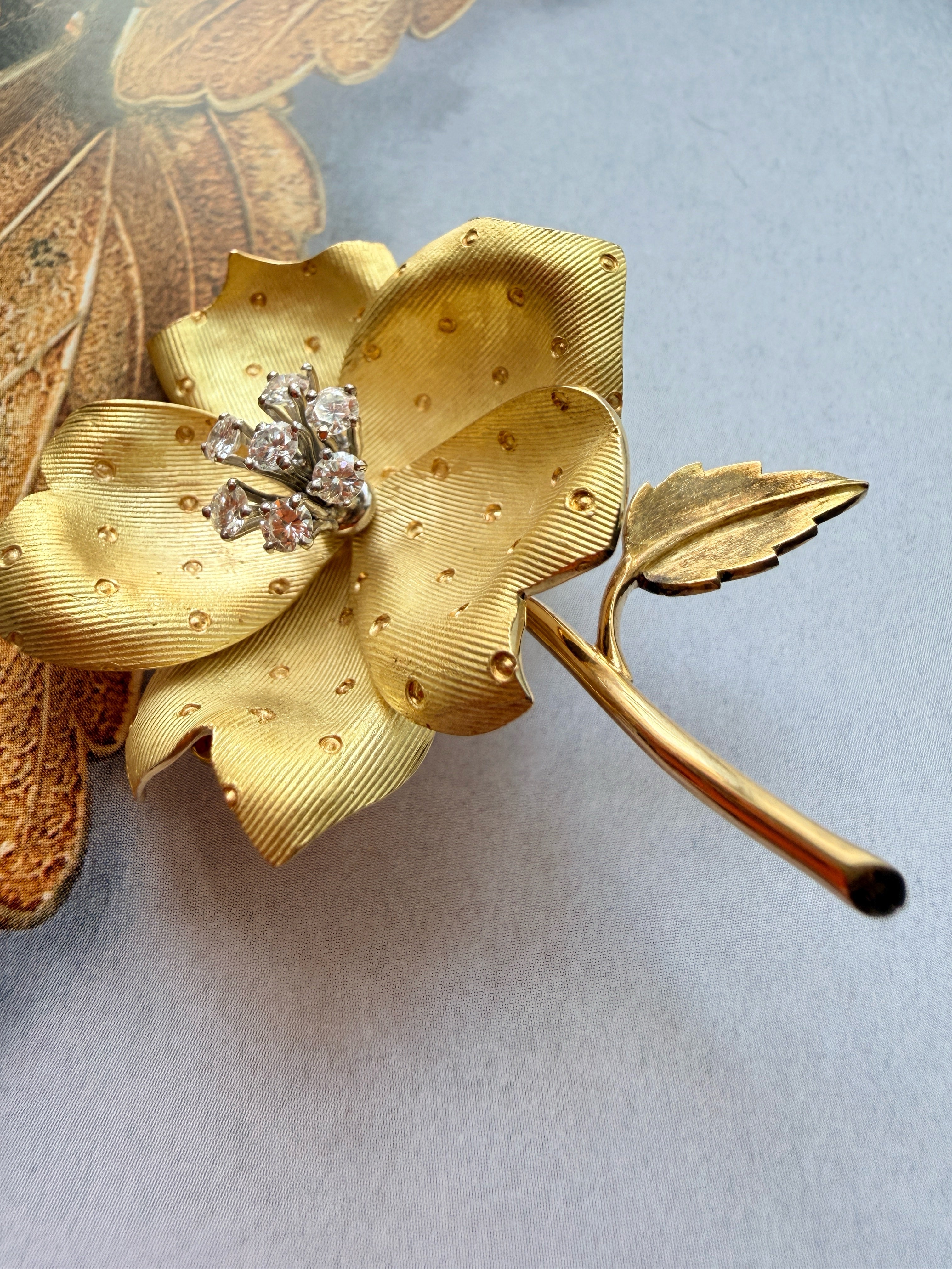 French 18K gold diamond rose flower brooch, by Chevrier Huot Didelot