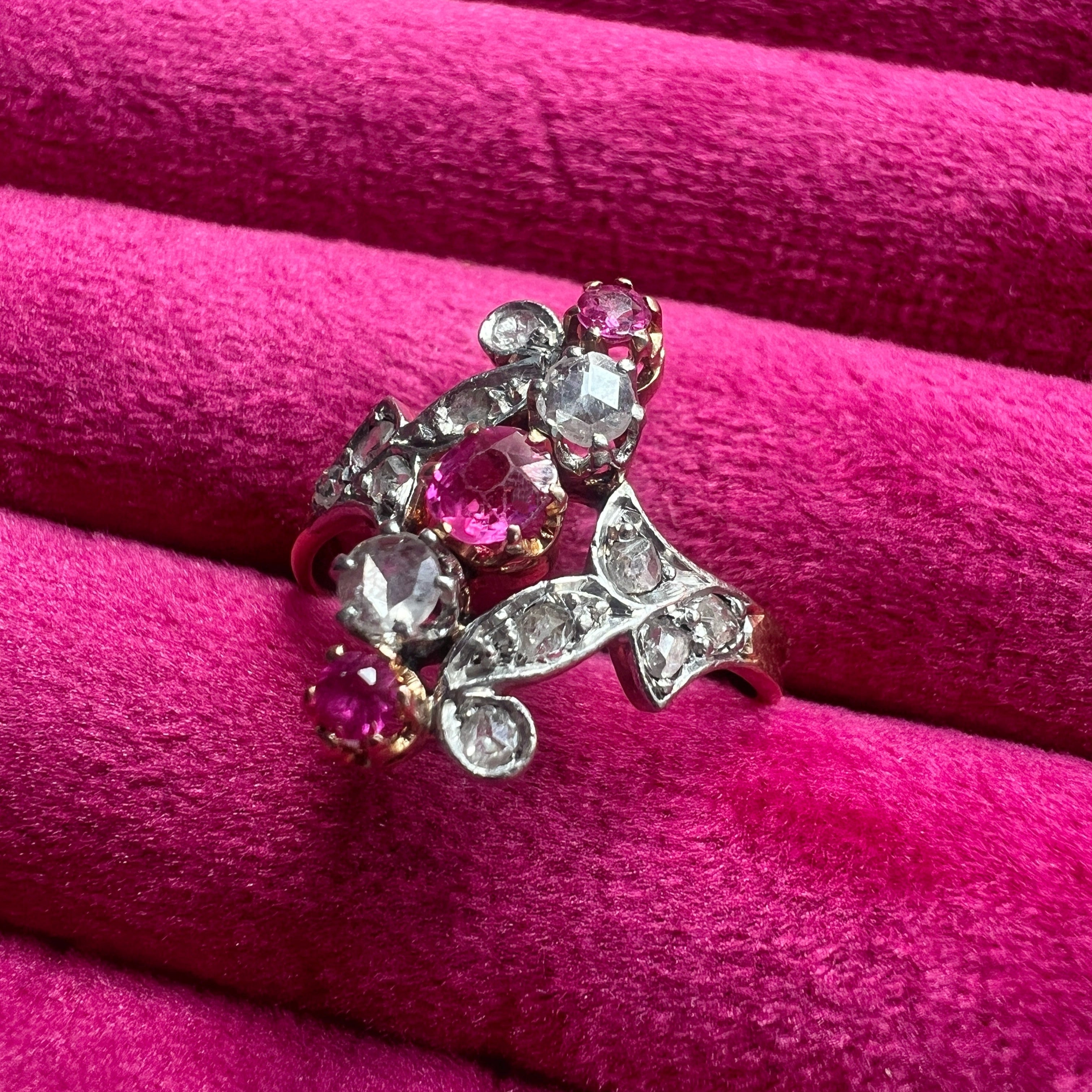Victorian Era 18K Gold Ring with Pink Sapphires & Rose Cut Diamonds