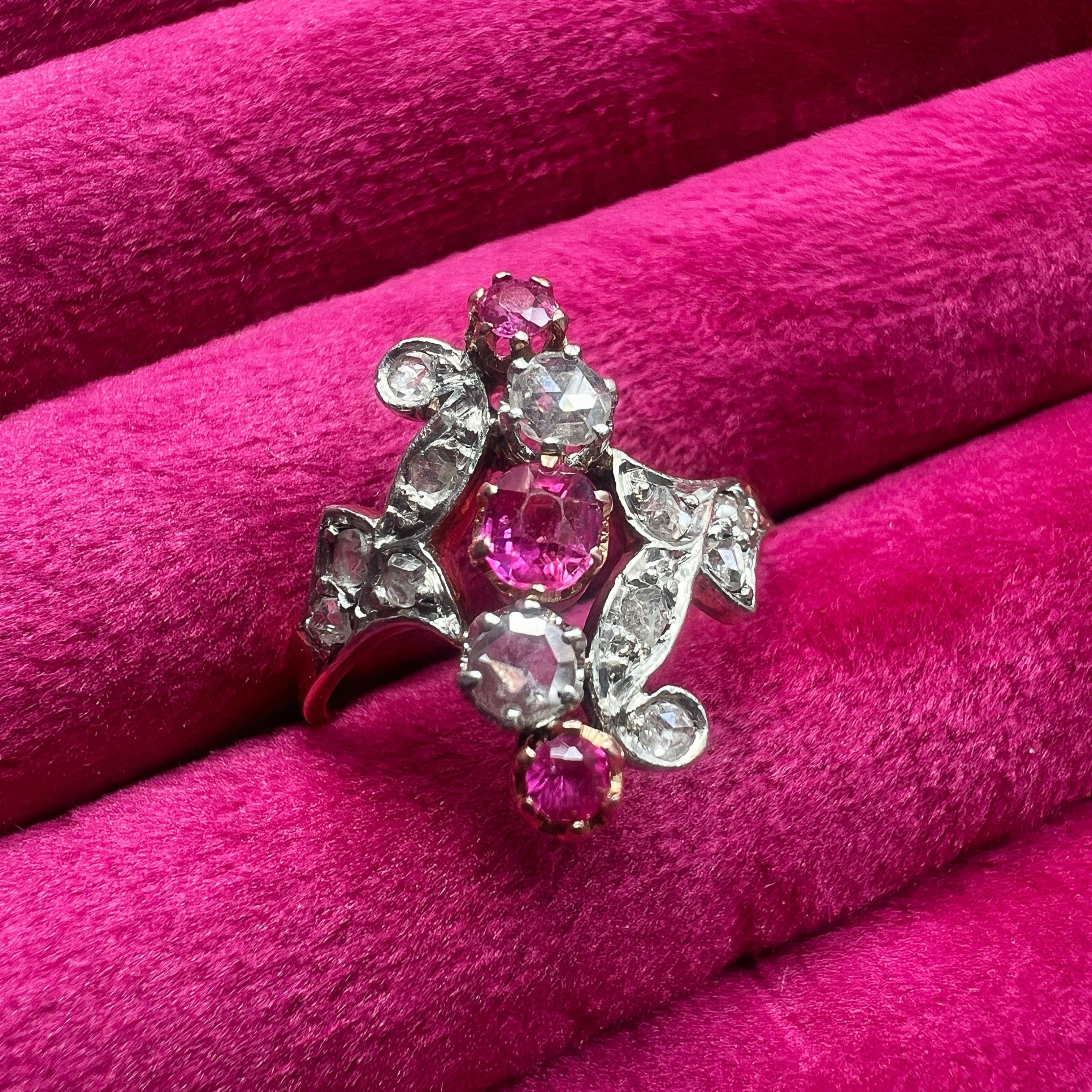 Victorian Era 18K Gold Ring with Pink Sapphires & Rose Cut Diamonds