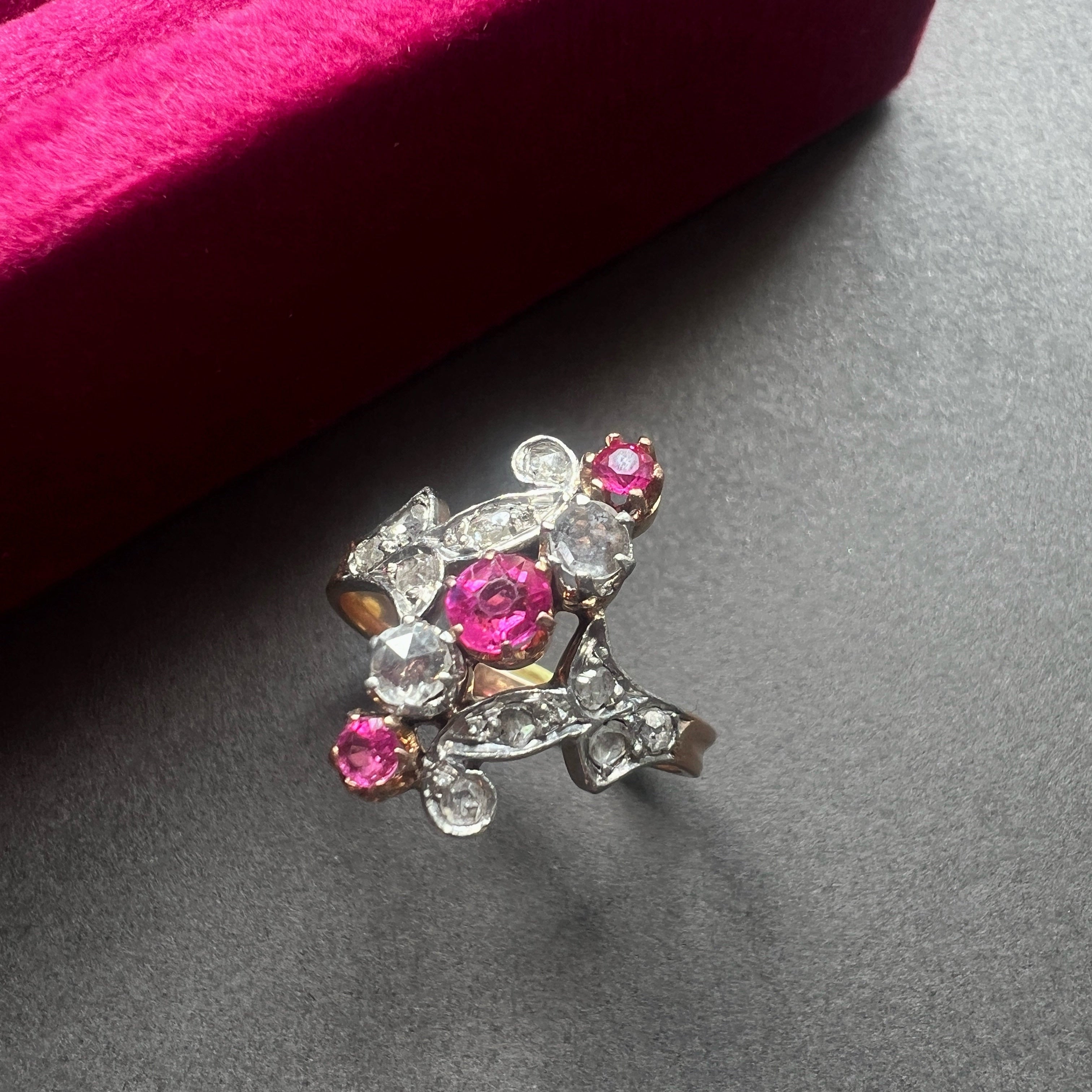 Victorian Era 18K Gold Ring with Pink Sapphires & Rose Cut Diamonds