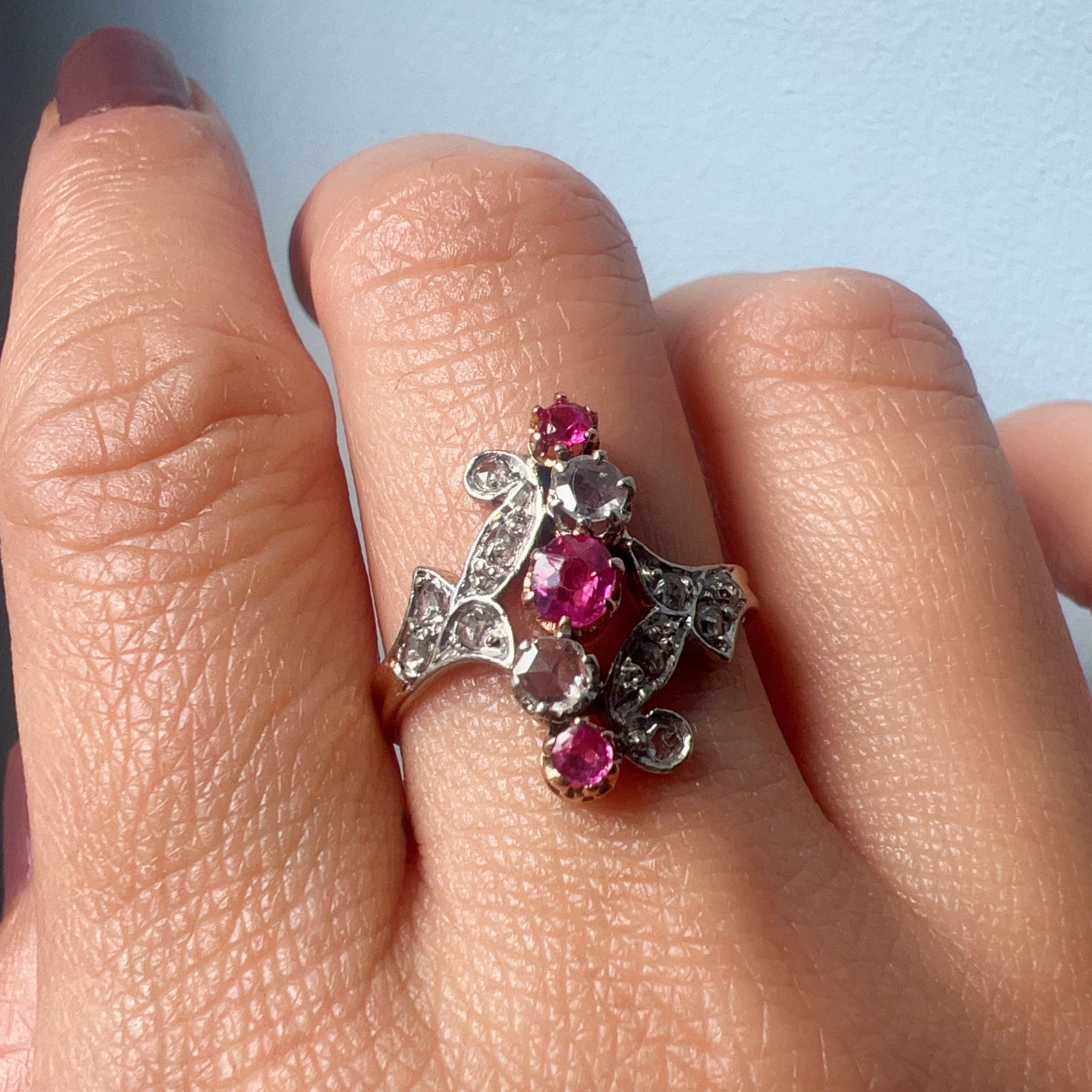 Victorian Era 18K Gold Ring with Pink Sapphires & Rose Cut Diamonds