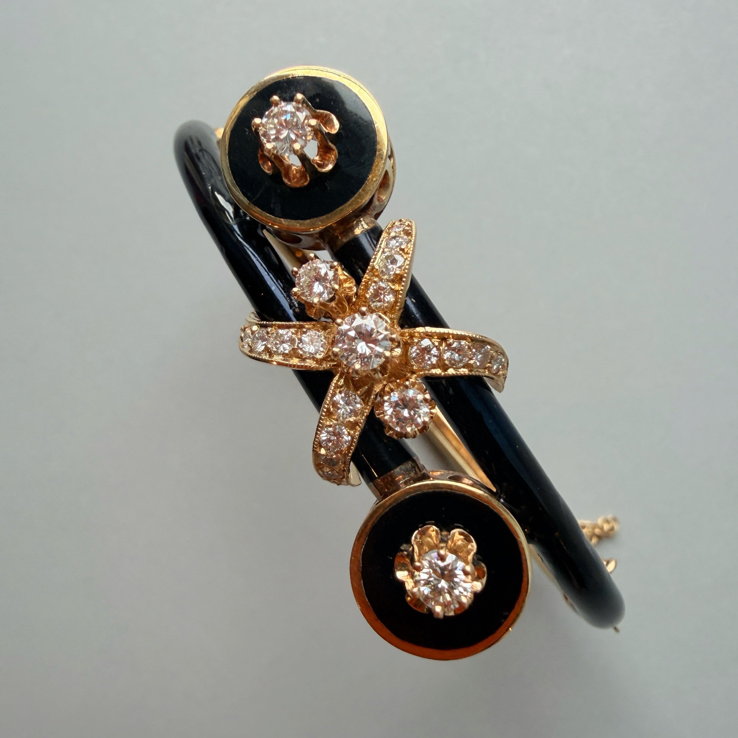 Vintage 14K Yellow Gold Black Enamel Diamond Bow Bangle Bracelet