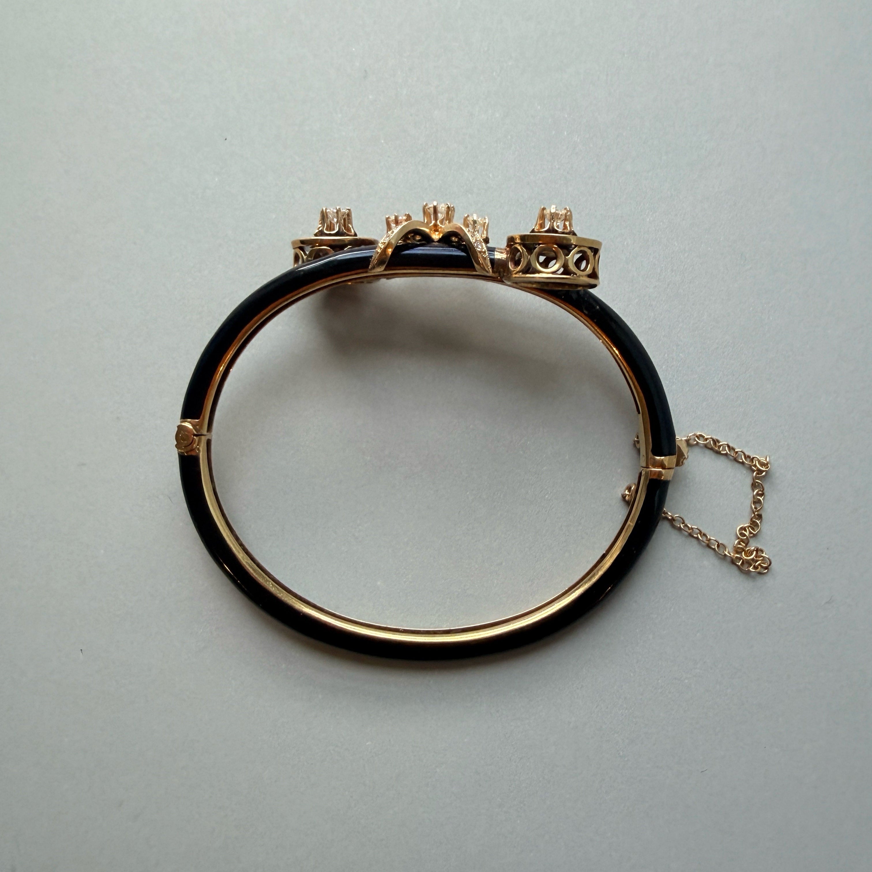 Vintage 14K Yellow Gold Black Enamel Diamond Bow Bangle Bracelet