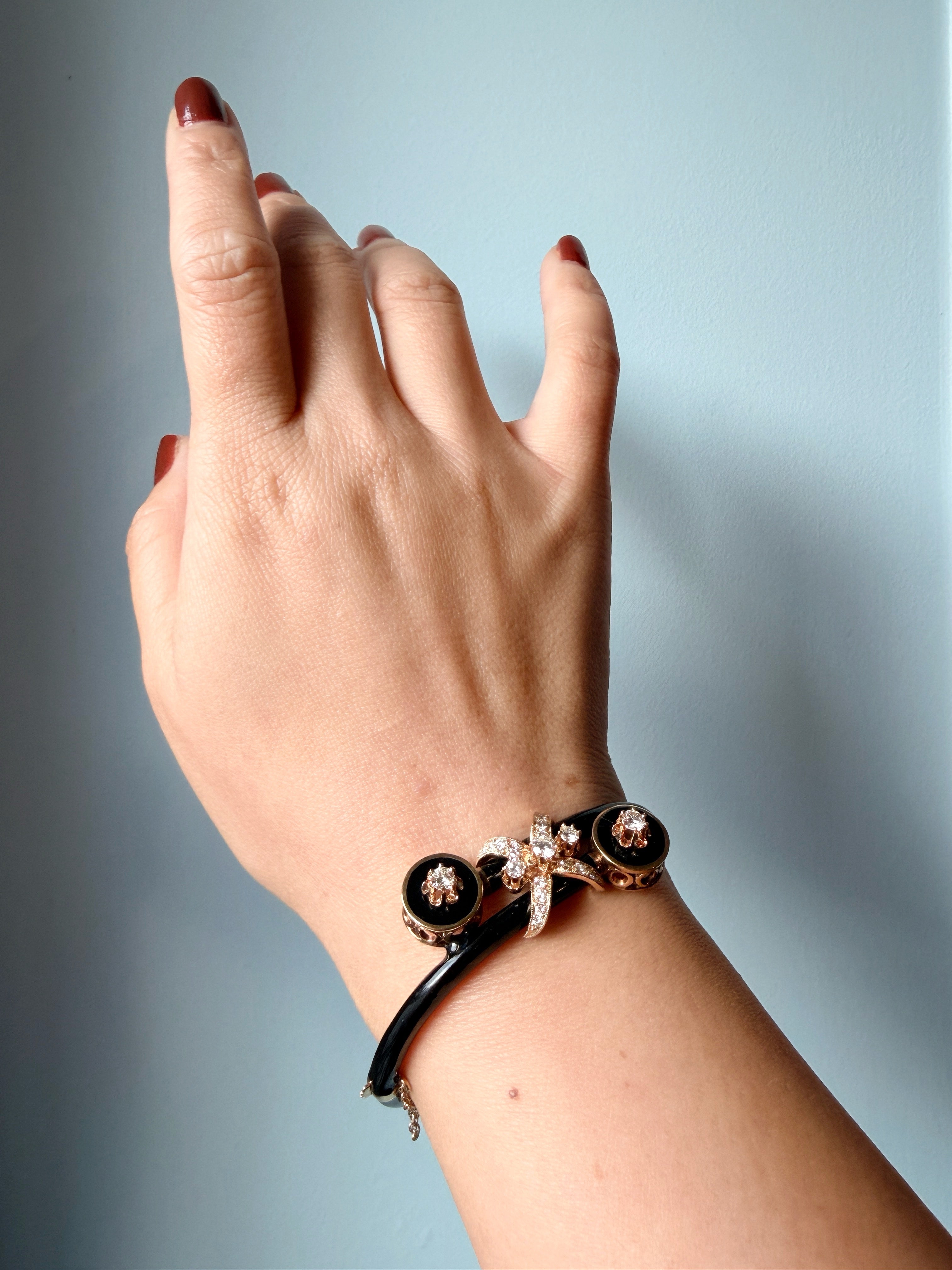 Vintage 14K Yellow Gold Black Enamel Diamond Bow Bangle Bracelet