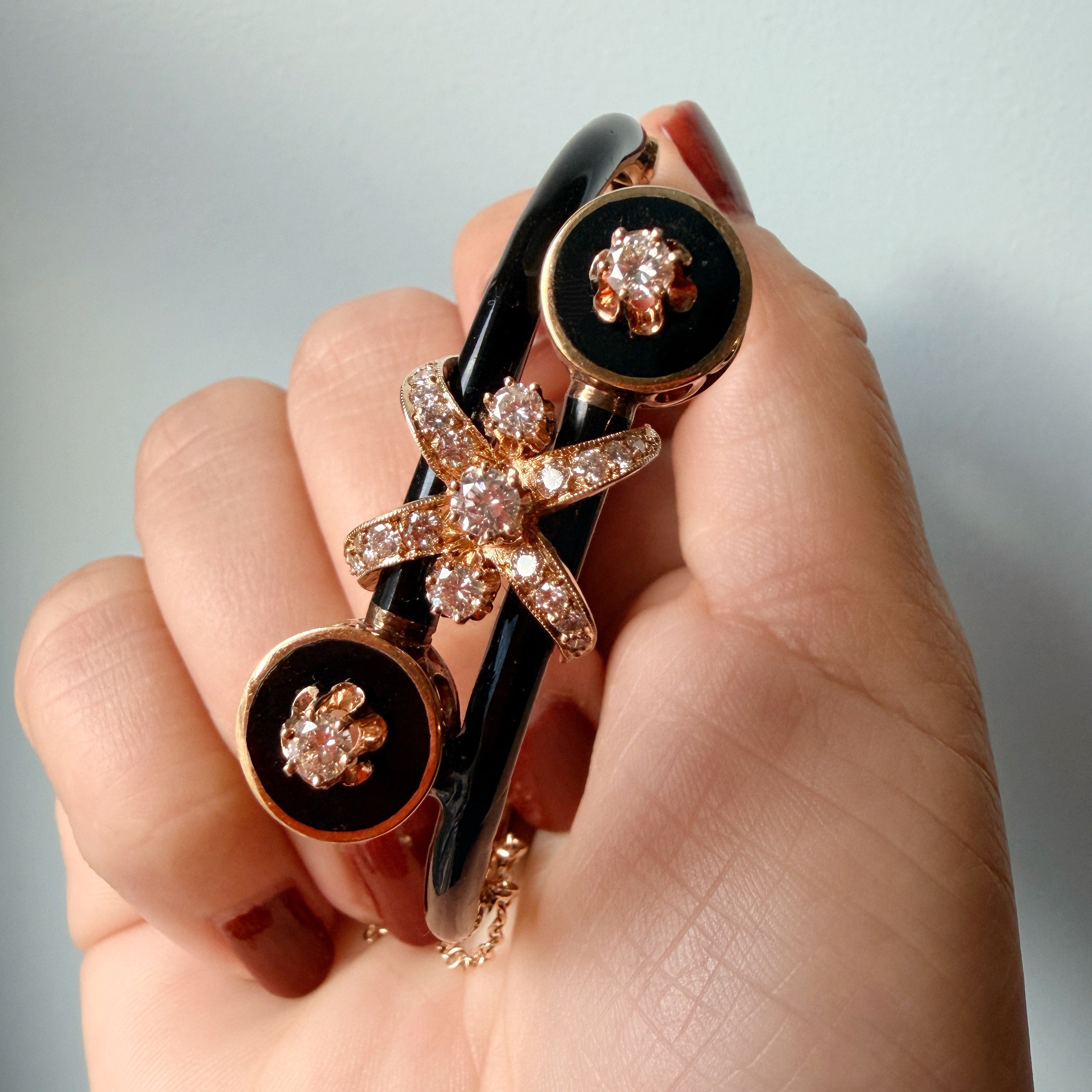 Vintage 14K Yellow Gold Black Enamel Diamond Bow Bangle Bracelet