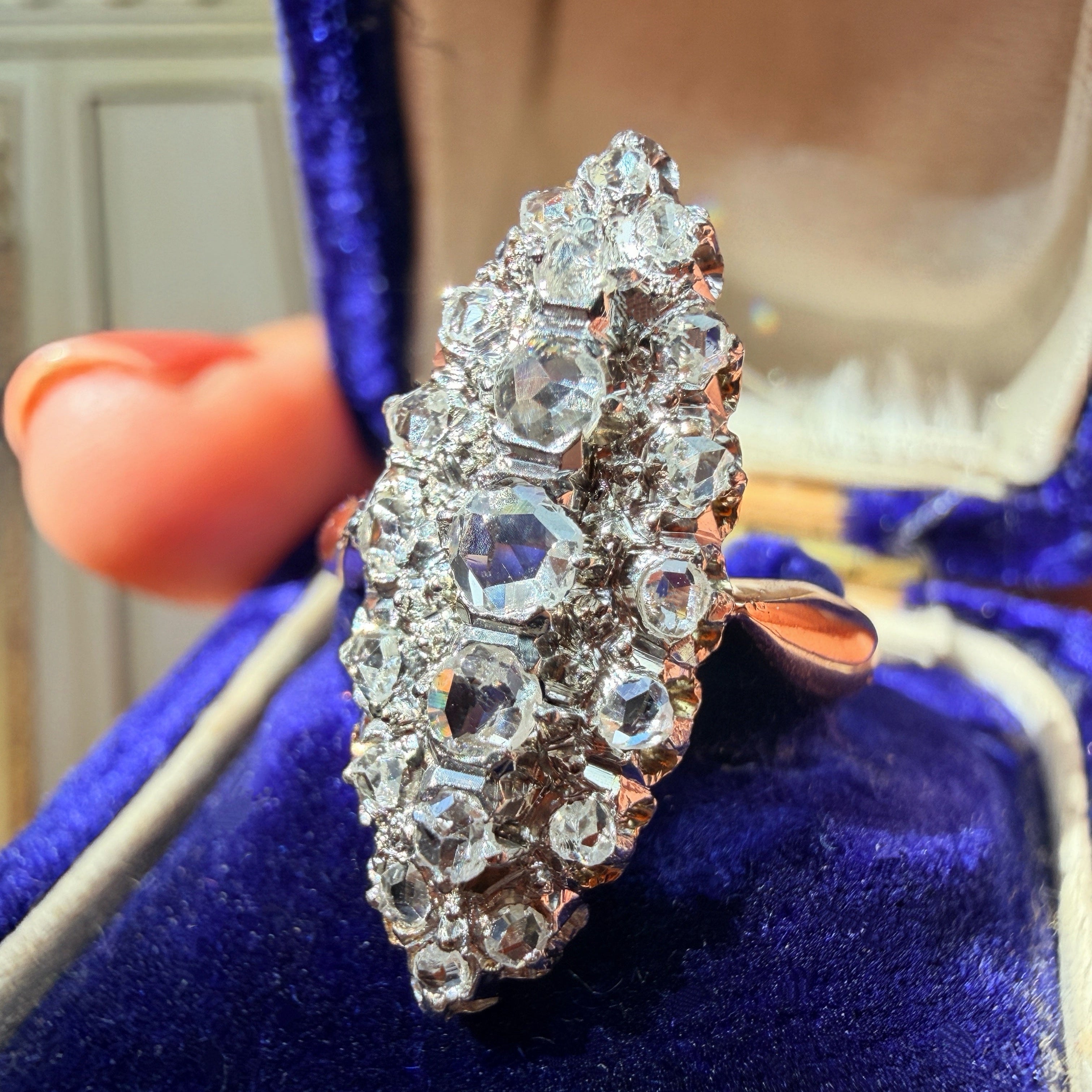 French antique 18K gold rose cut diamond marquise ring