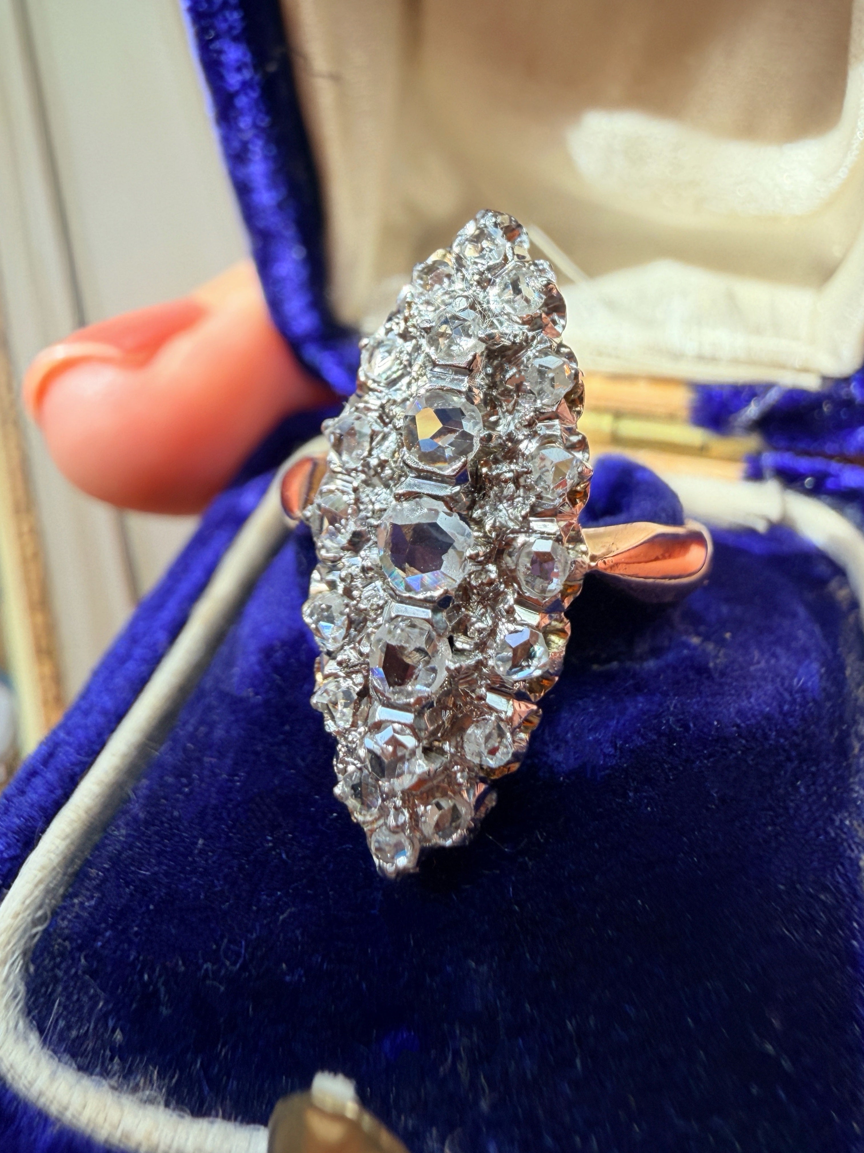 French antique 18K gold rose cut diamond marquise ring