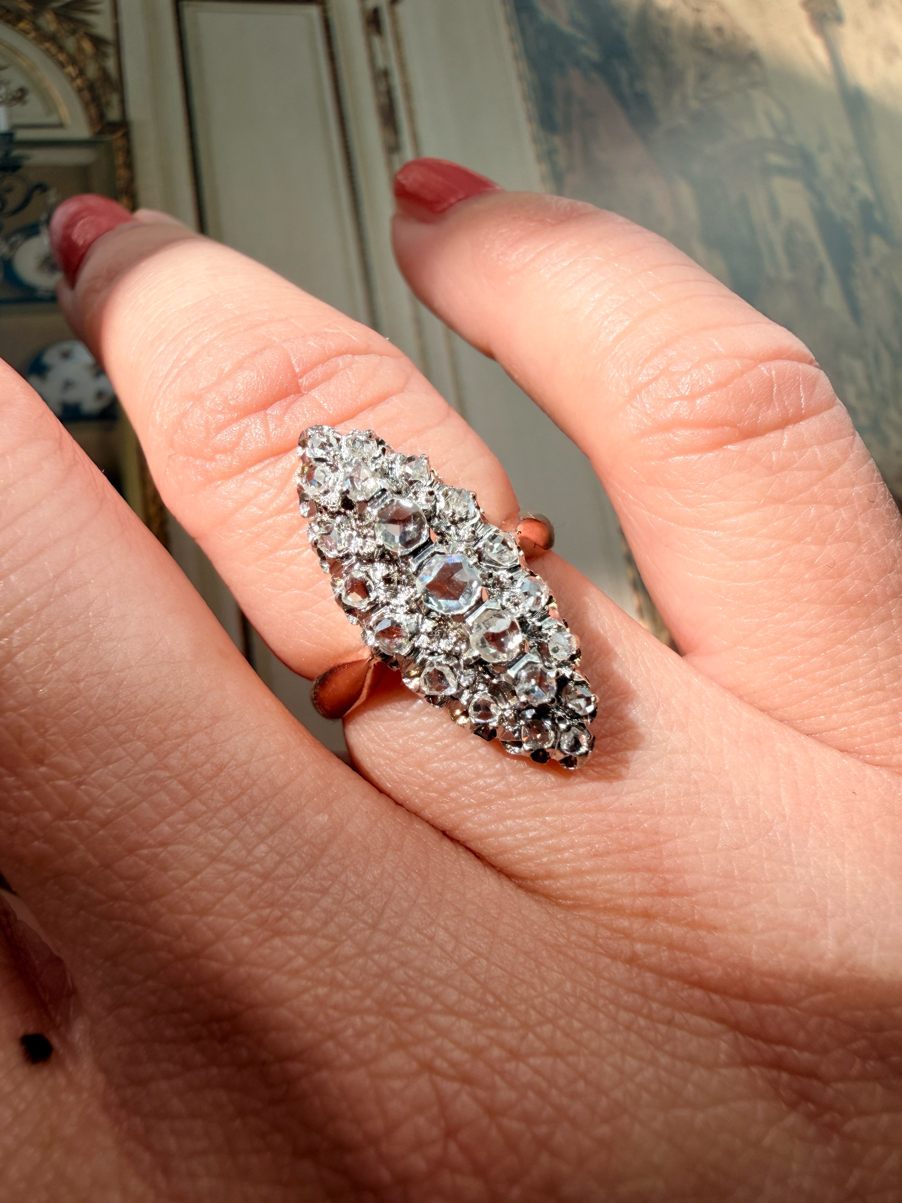 French antique 18K gold rose cut diamond marquise ring