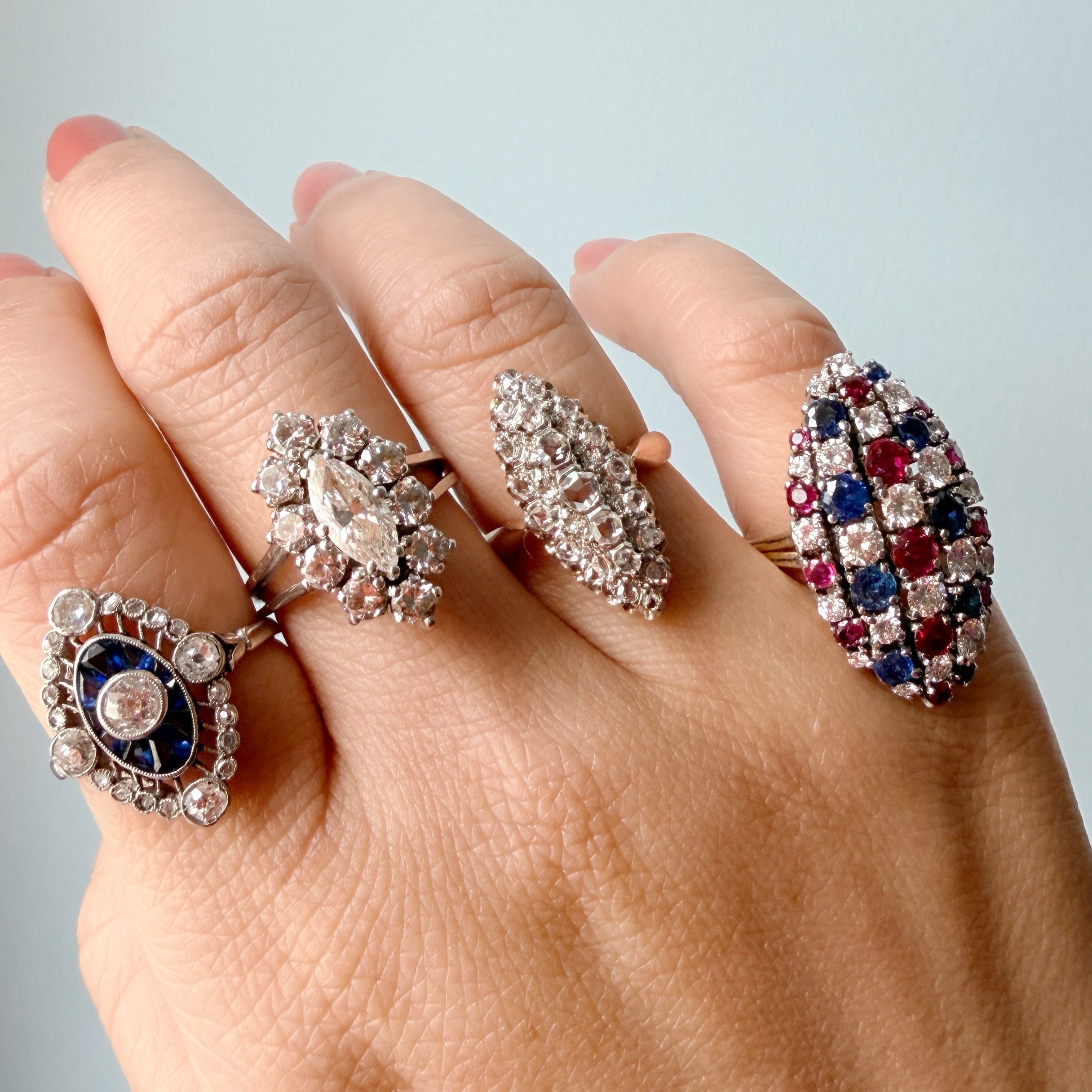 French antique 18K gold rose cut diamond marquise ring