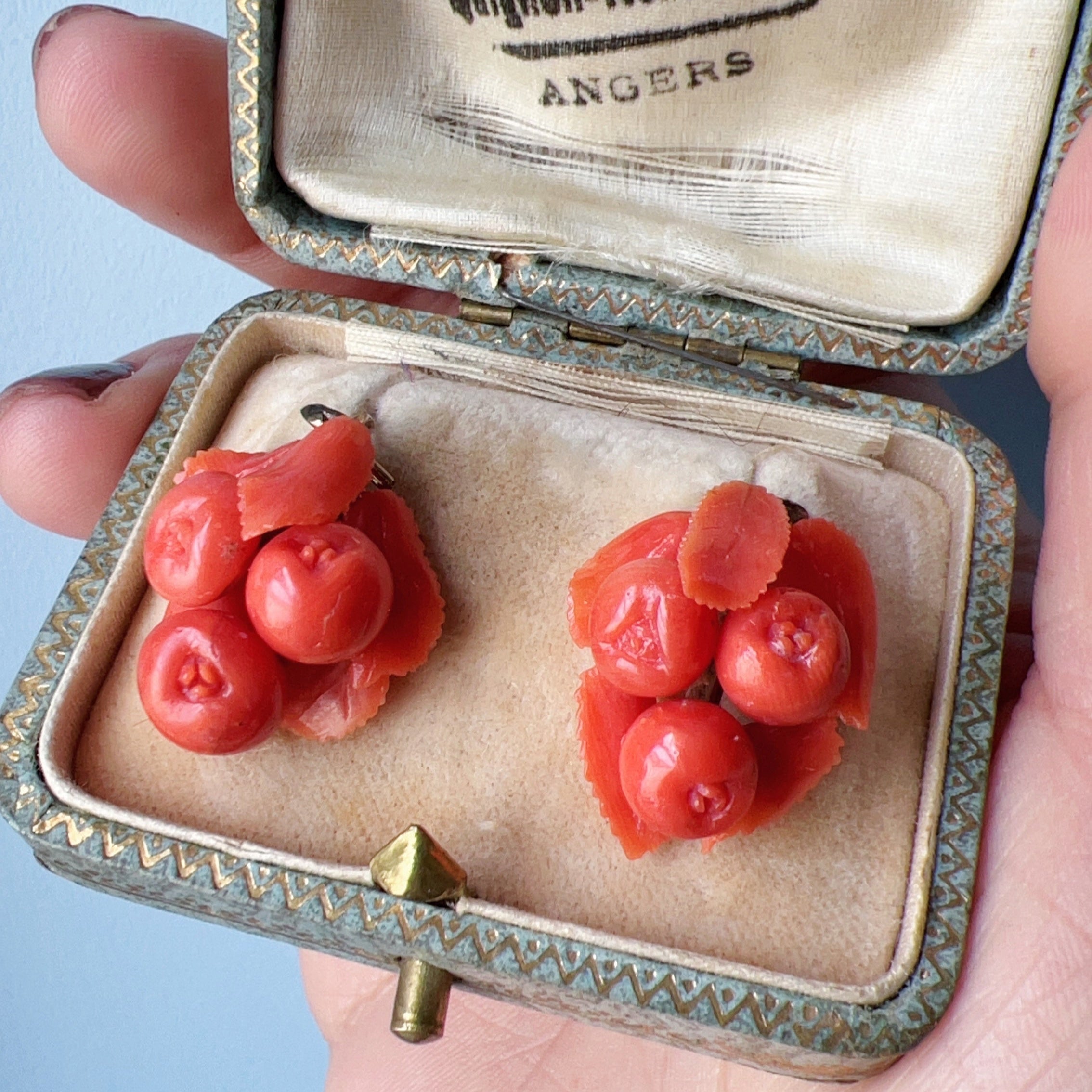 Victorian Era 9K Gold sculptured Coral fruit Earrings