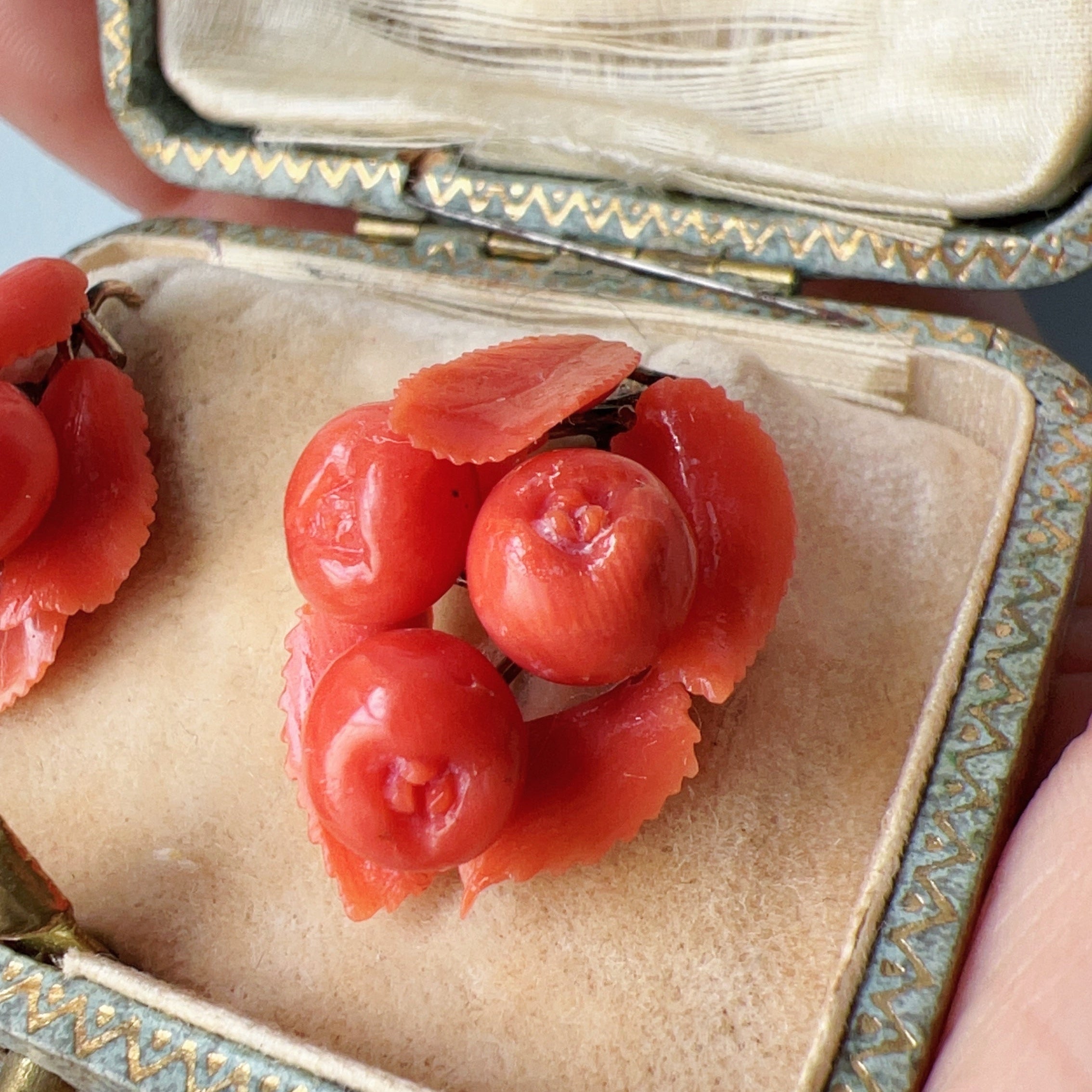 Victorian Era 9K Gold sculptured Coral fruit Earrings