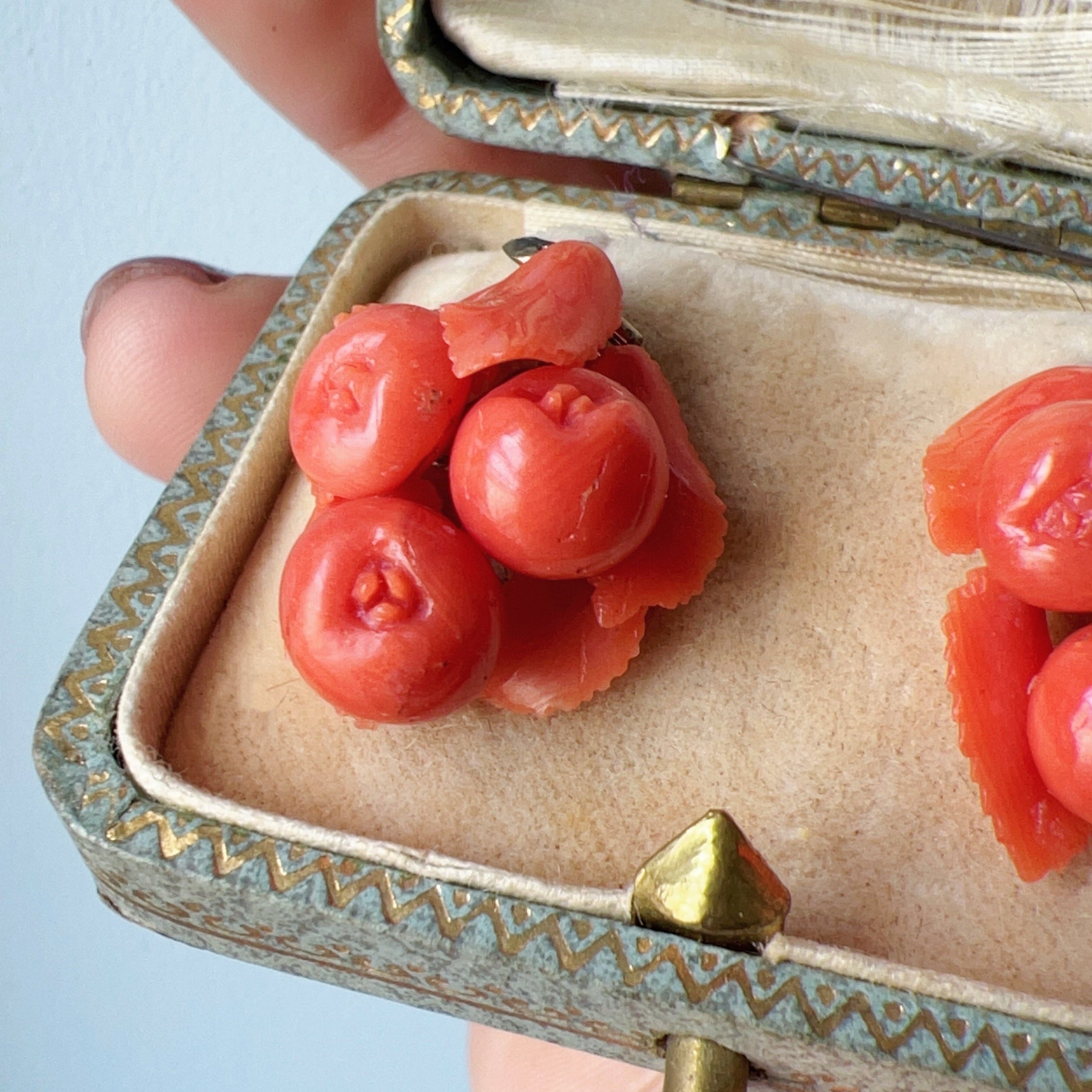 Victorian Era 9K Gold sculptured Coral fruit Earrings