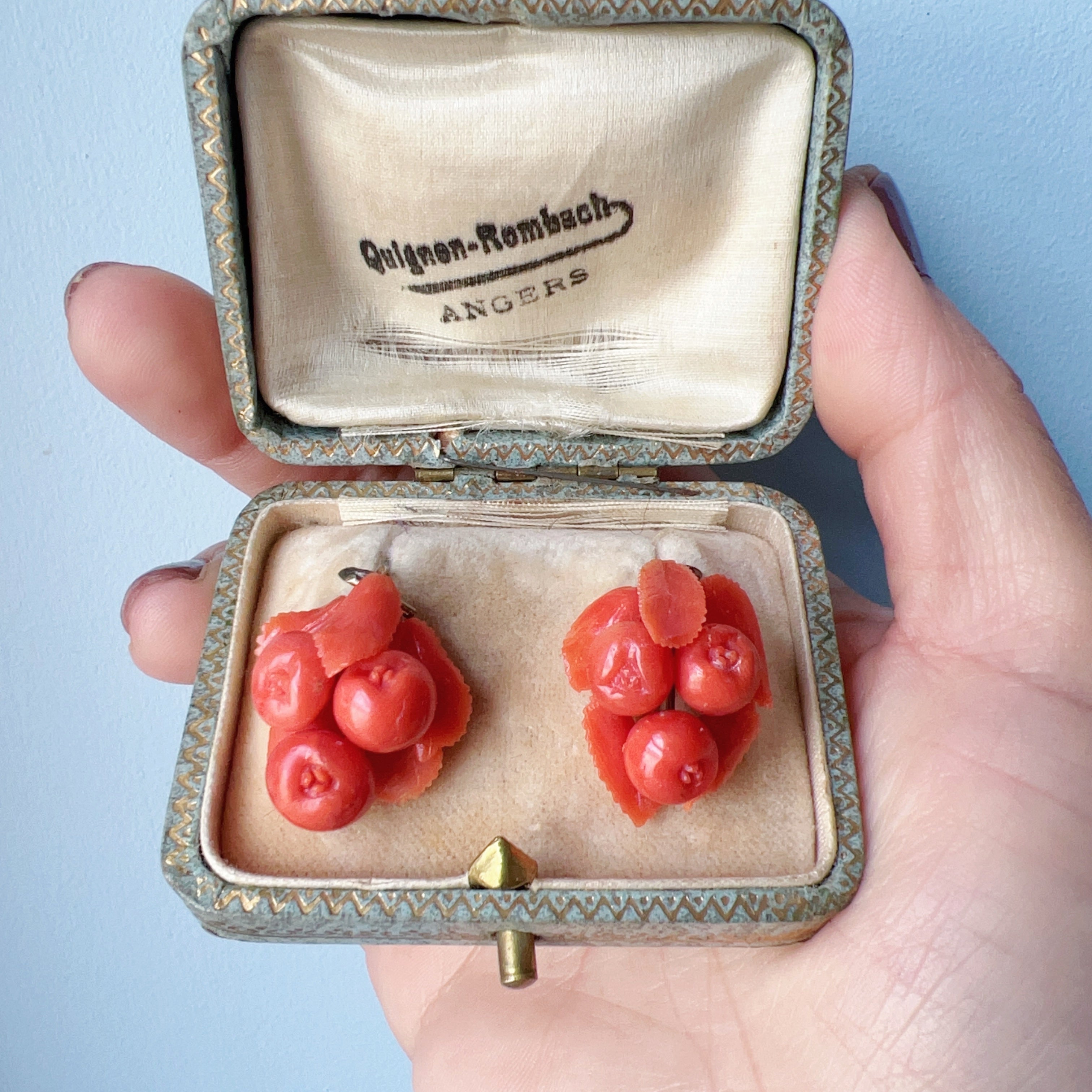 Victorian Era 9K Gold sculptured Coral fruit Earrings