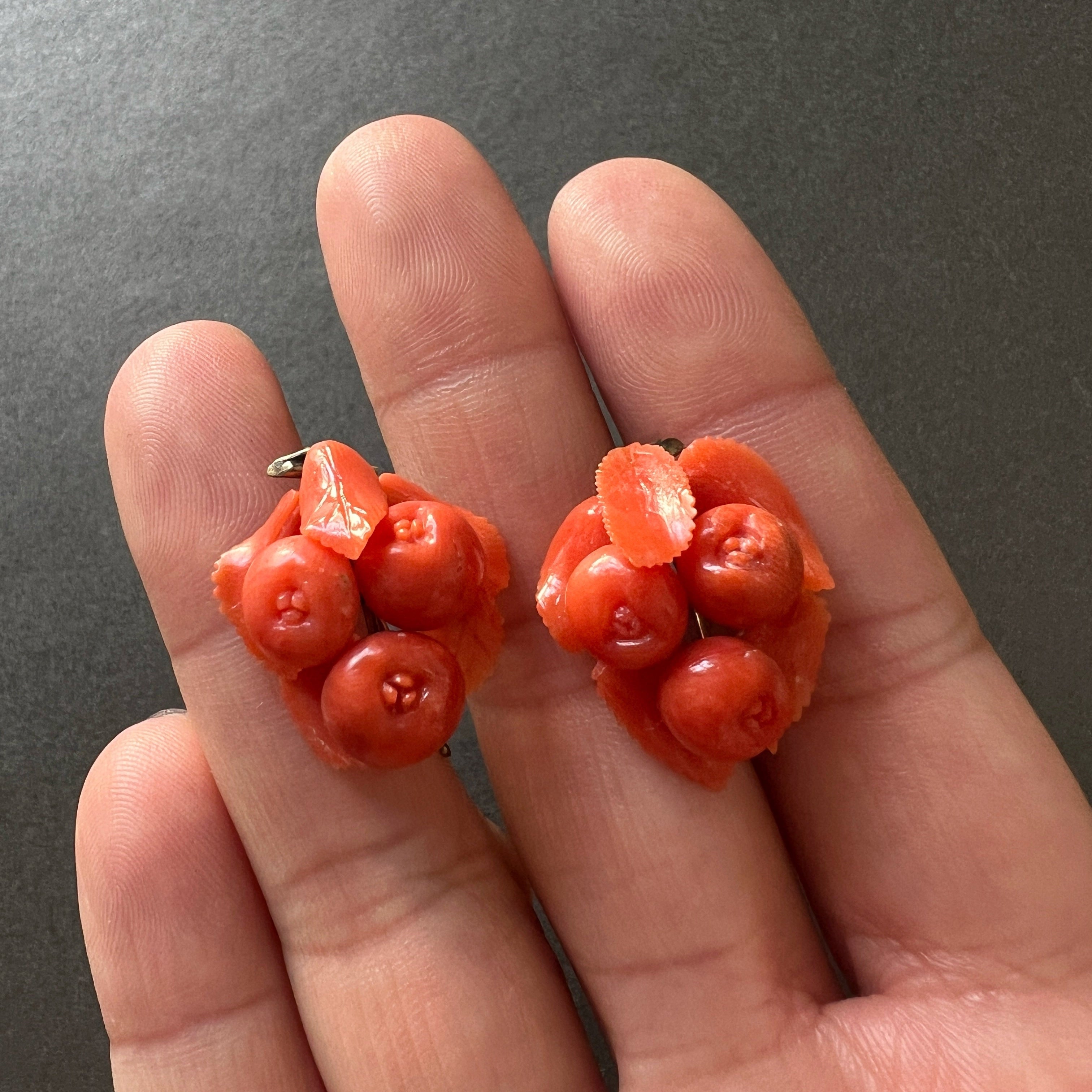 Victorian Era 9K Gold sculptured Coral fruit Earrings