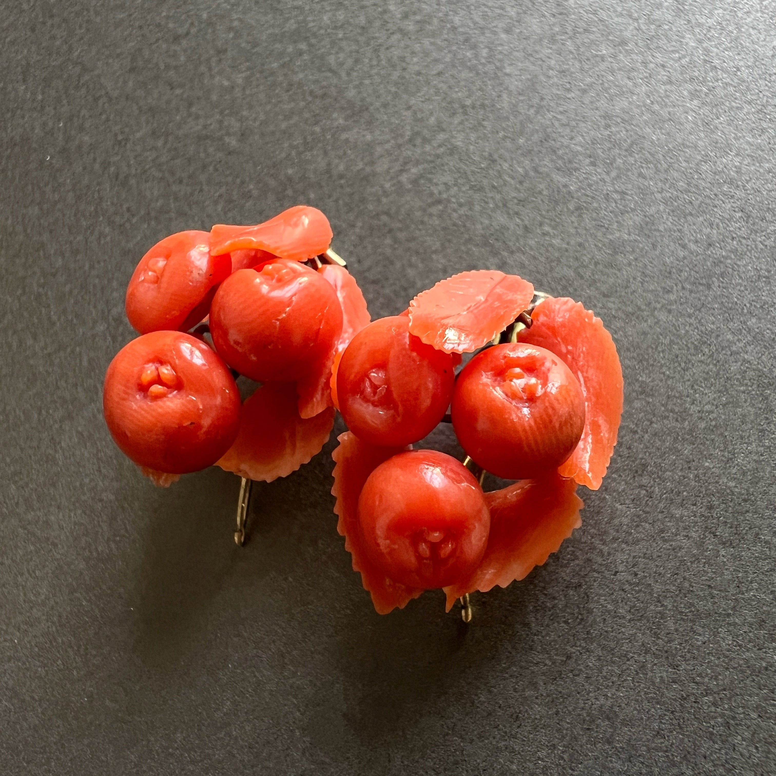 Victorian Era 9K Gold sculptured Coral fruit Earrings