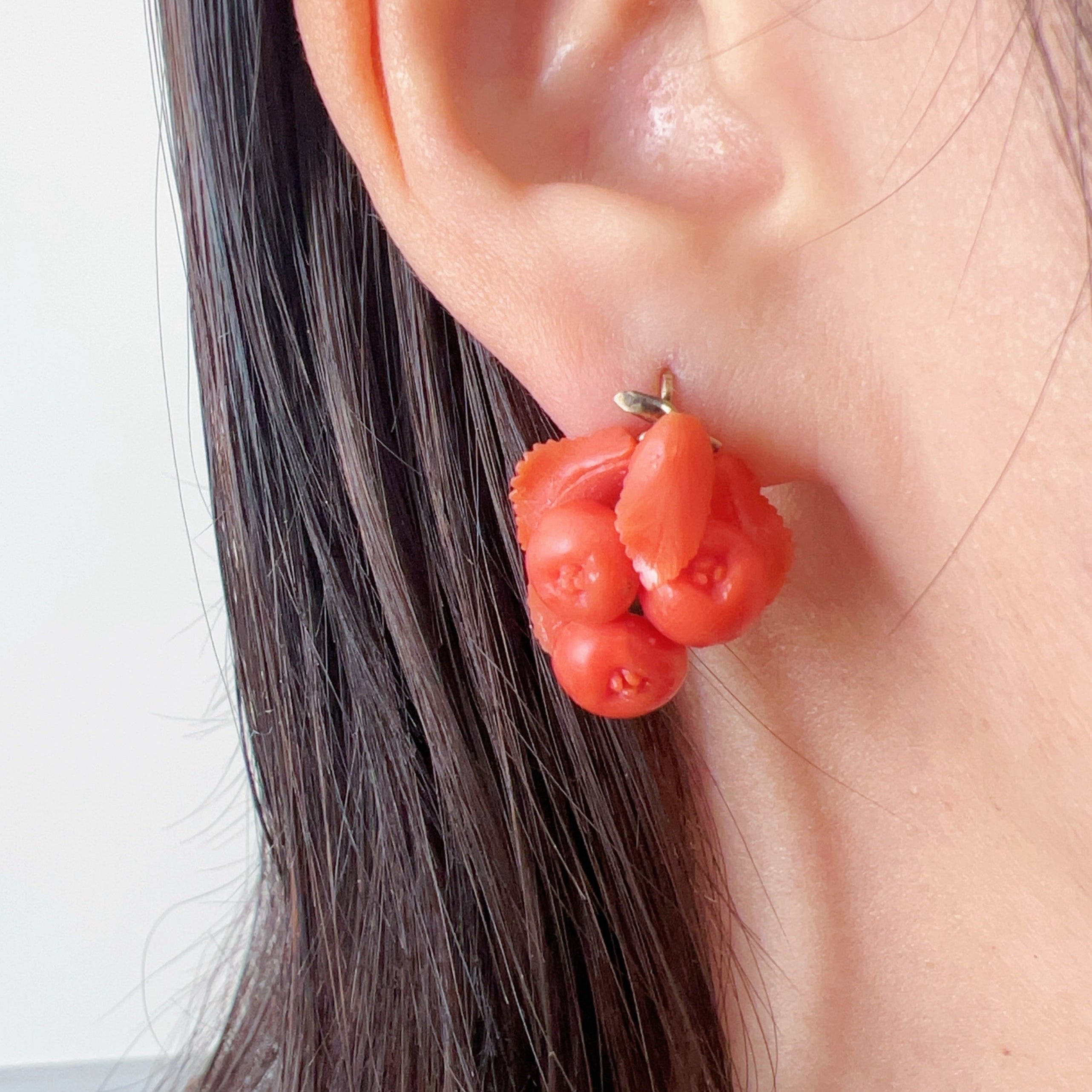 Victorian Era 9K Gold sculptured Coral fruit Earrings