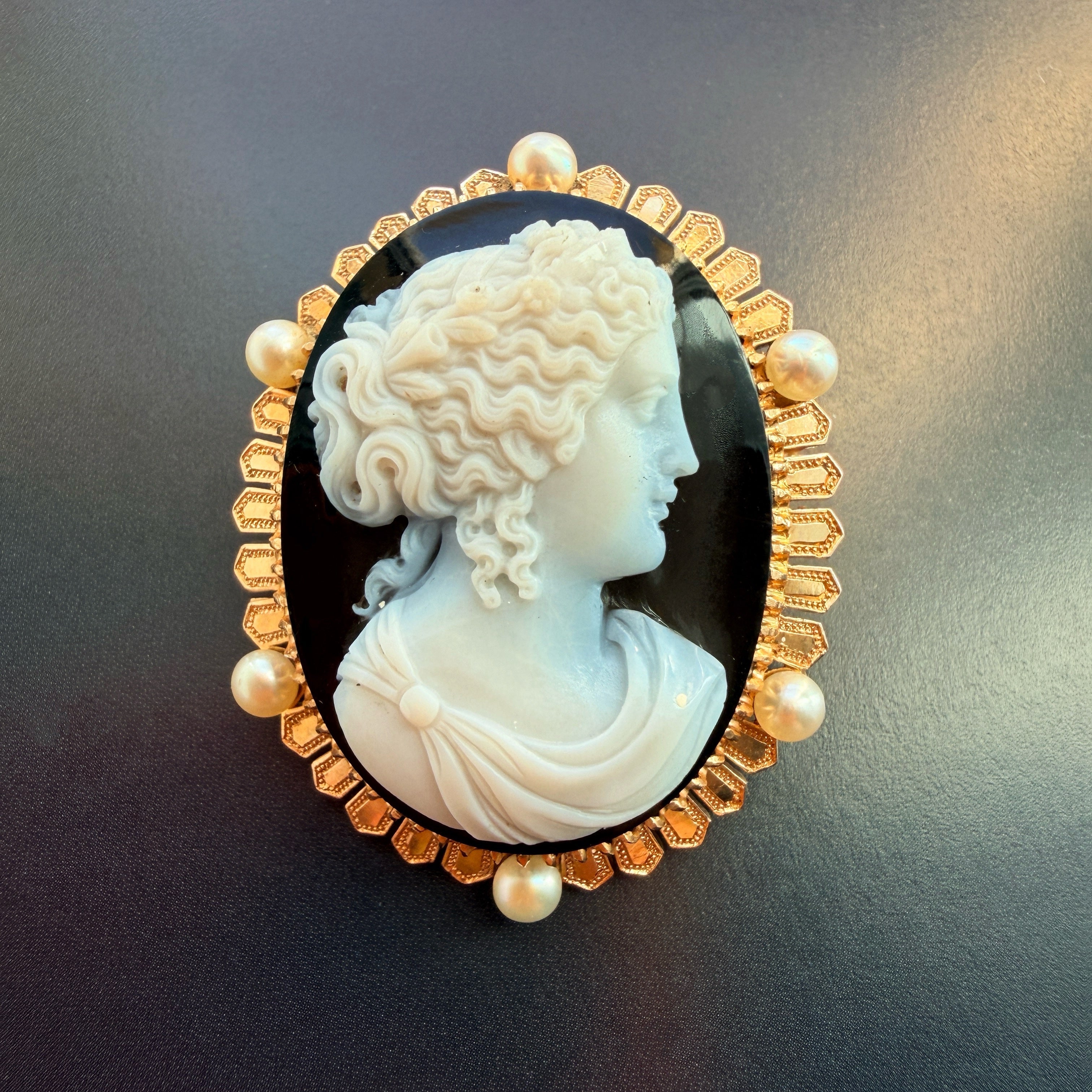 Victorian Era French 18K Gold and Onyx Cameo Brooch with Pearls