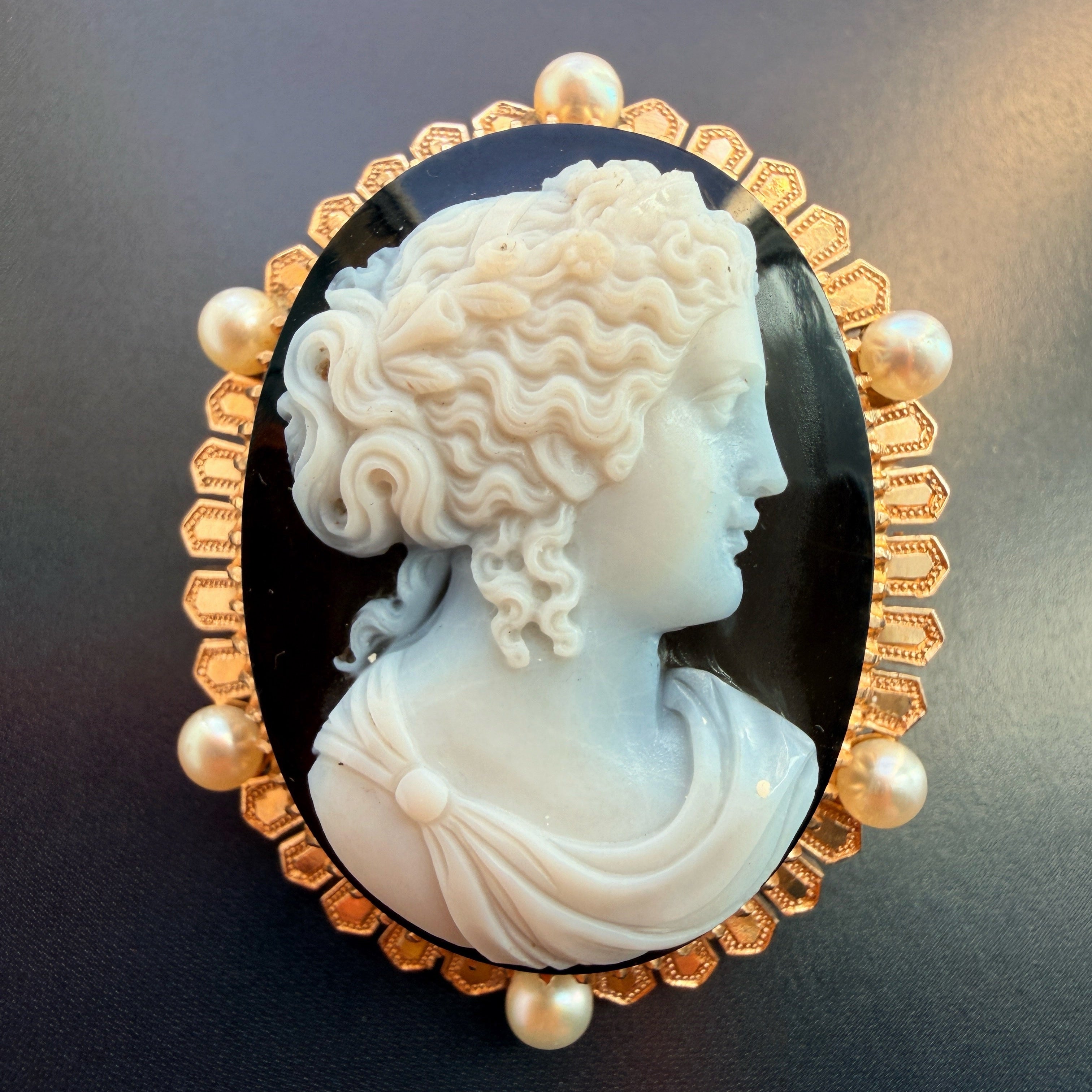 Victorian Era French 18K Gold and Onyx Cameo Brooch with Pearls