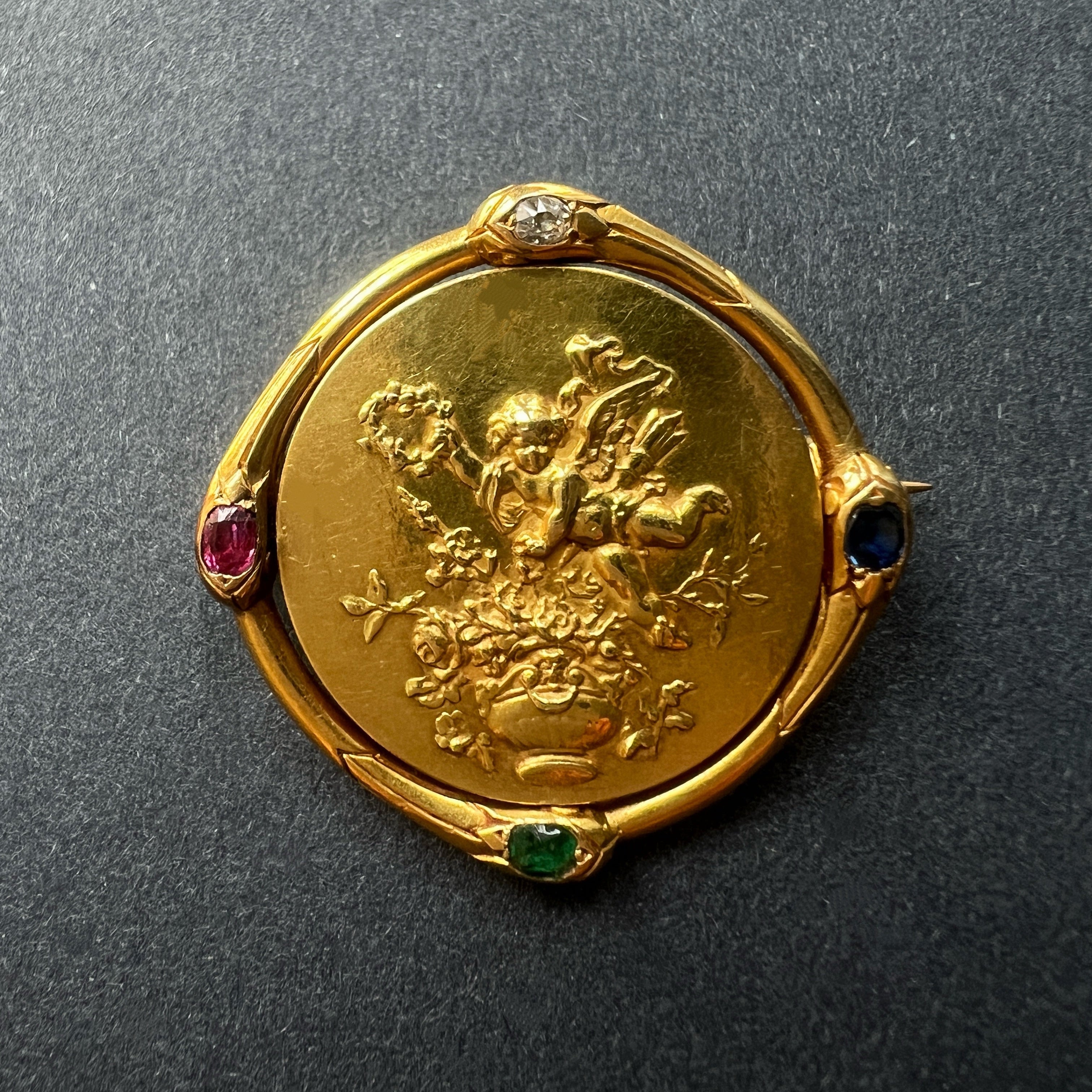 Victorian 18K gold double sided cherub cupid snake brooch