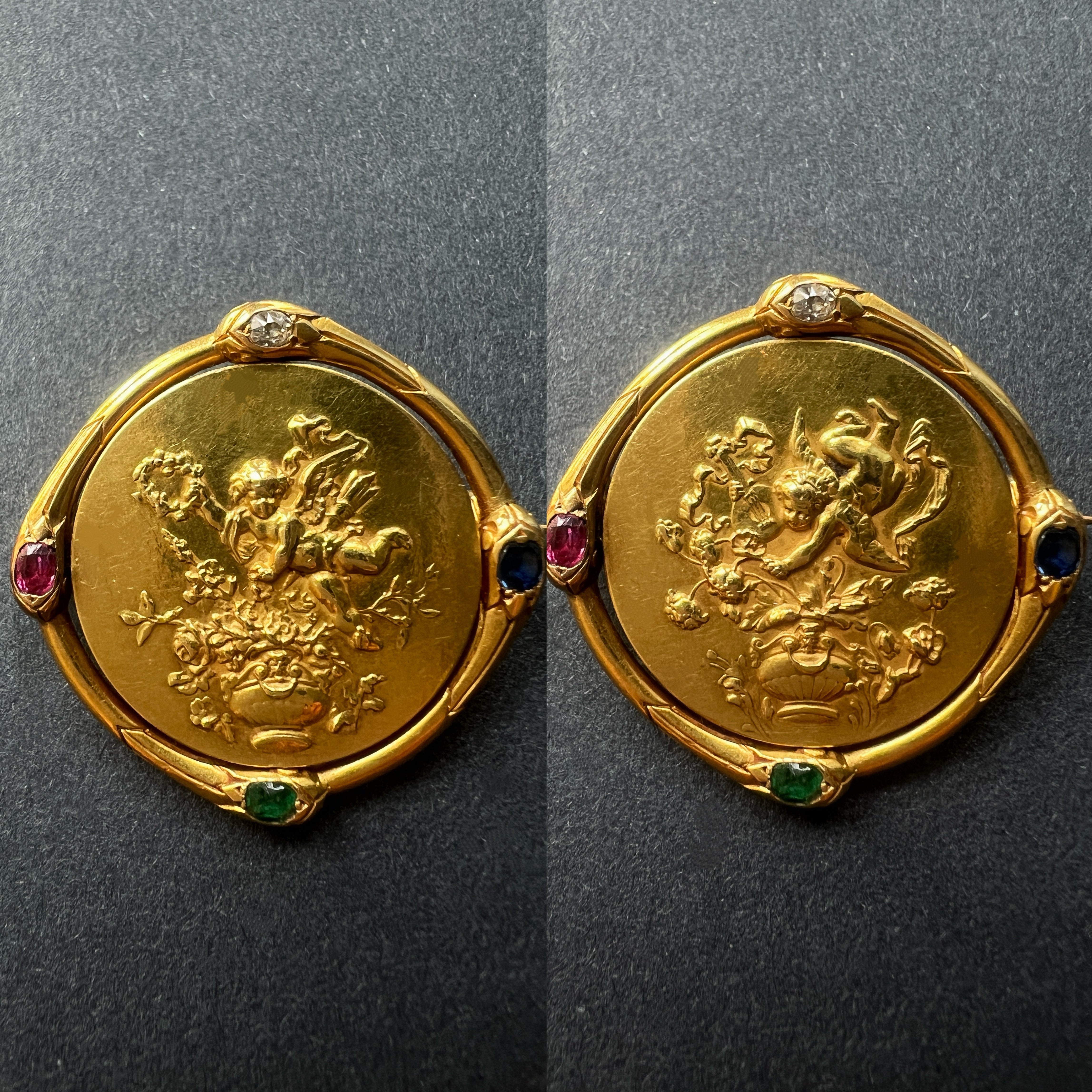 Victorian 18K gold double sided cherub cupid snake brooch