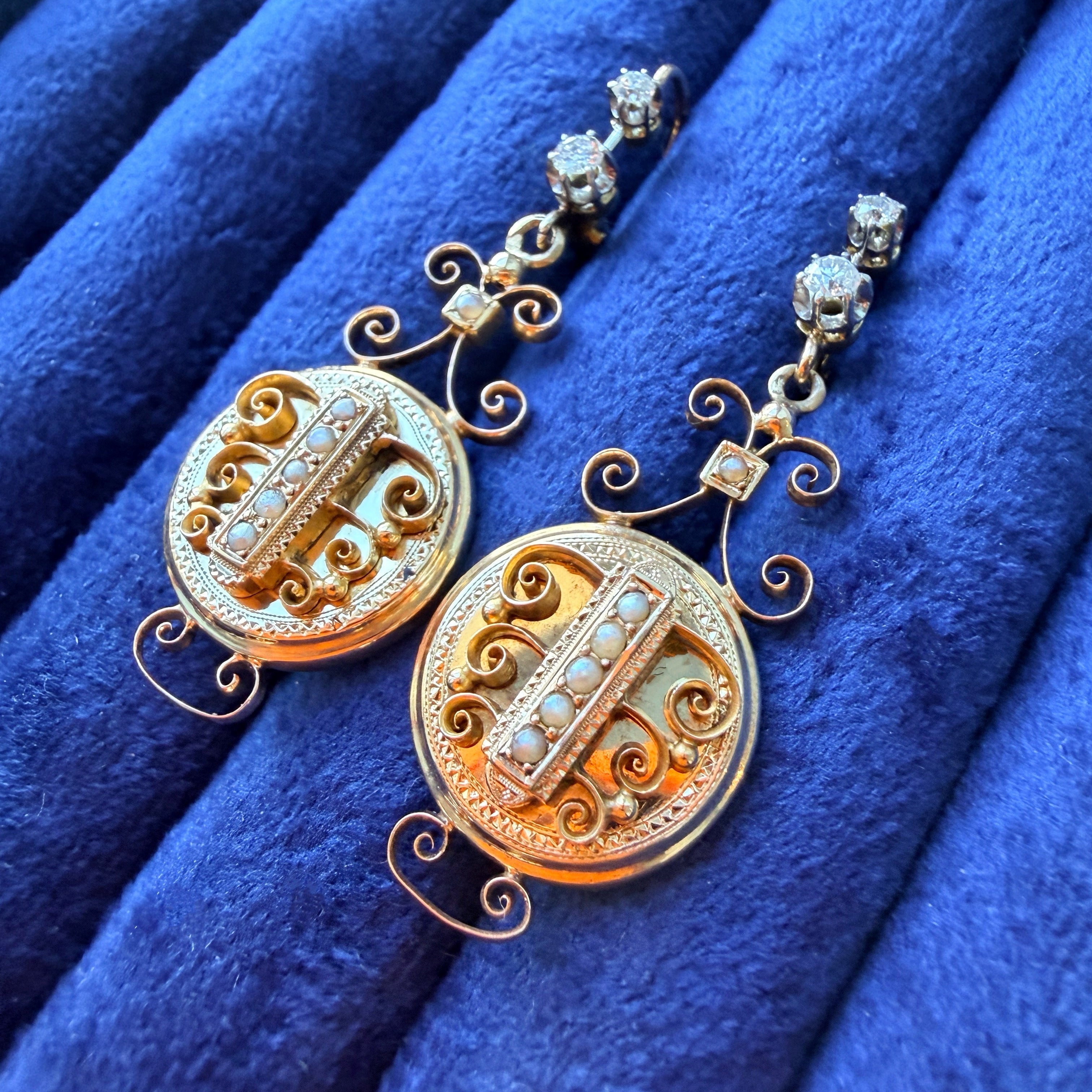 French Antique 18K Gold Diamond Drop Earrings