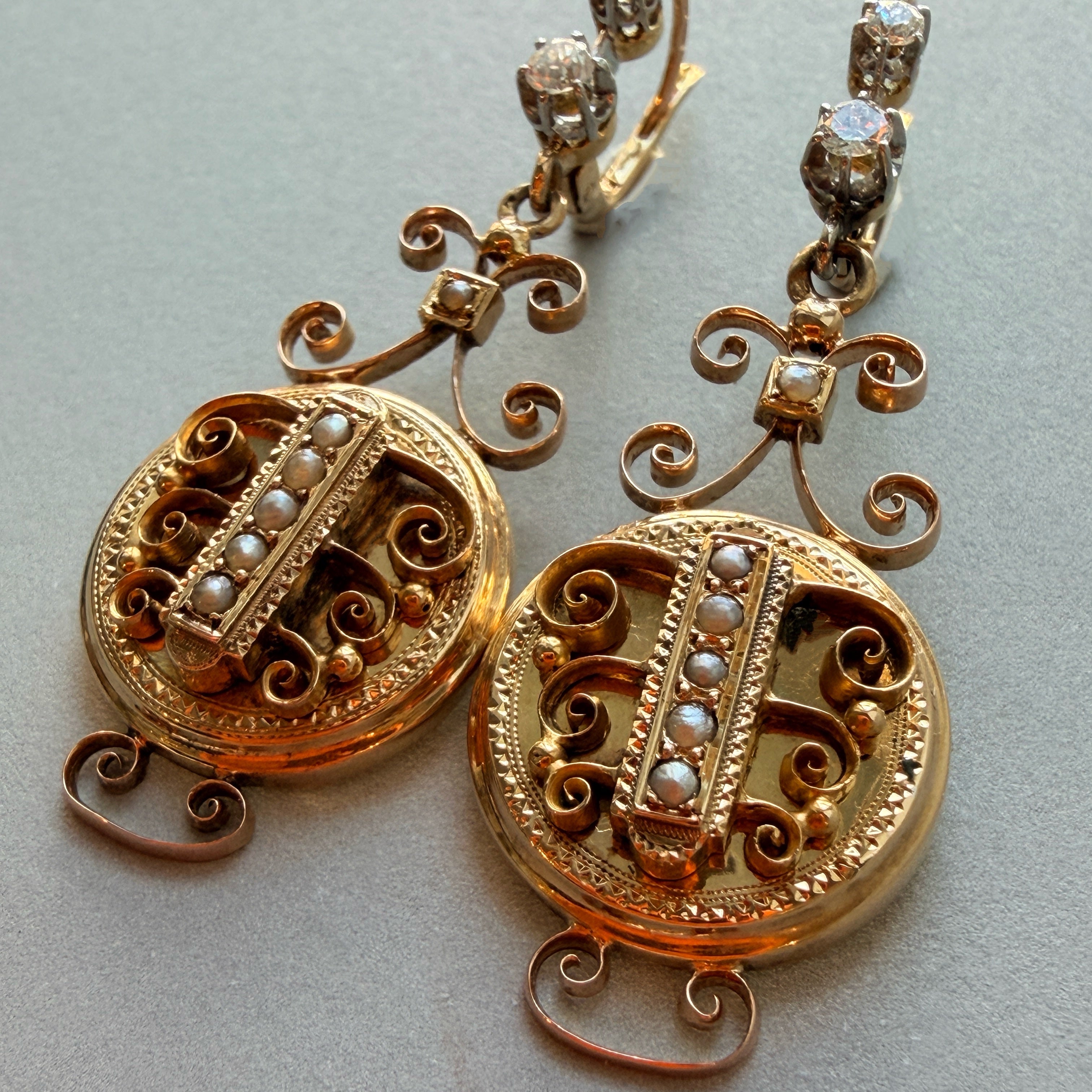 French Antique 18K Gold Diamond Drop Earrings
