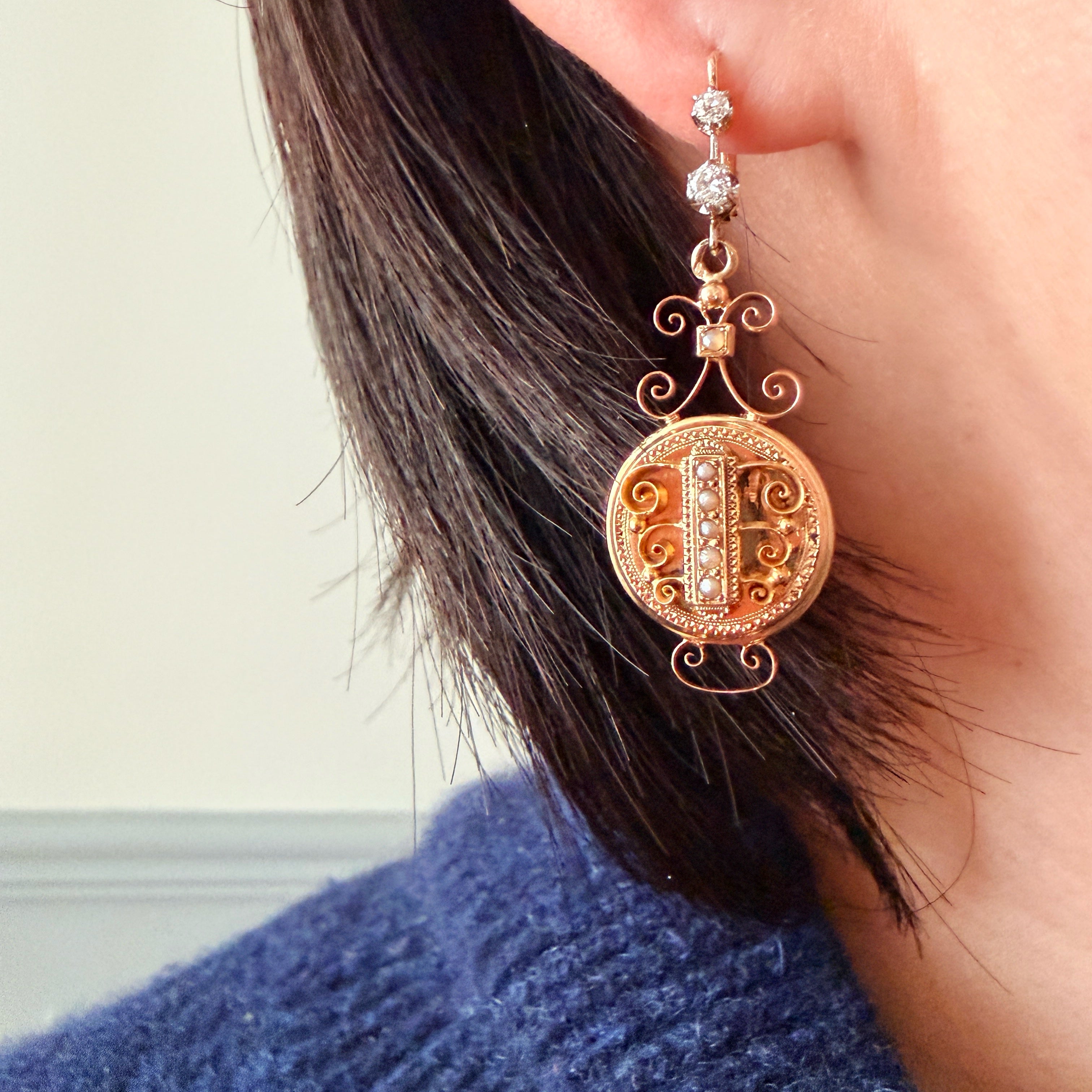 French Antique 18K Gold Diamond Drop Earrings