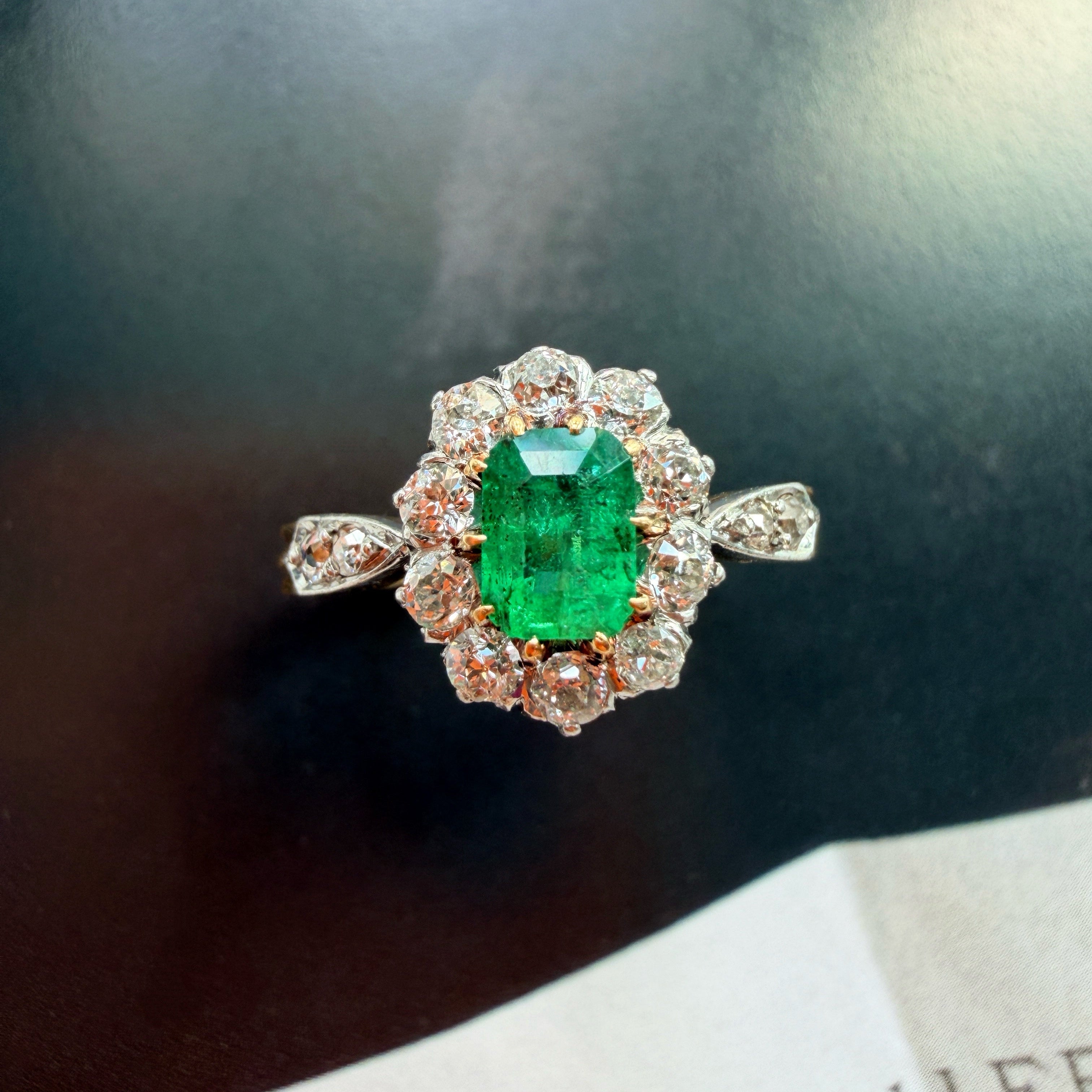 French antique 18K gold emerald diamond ring
