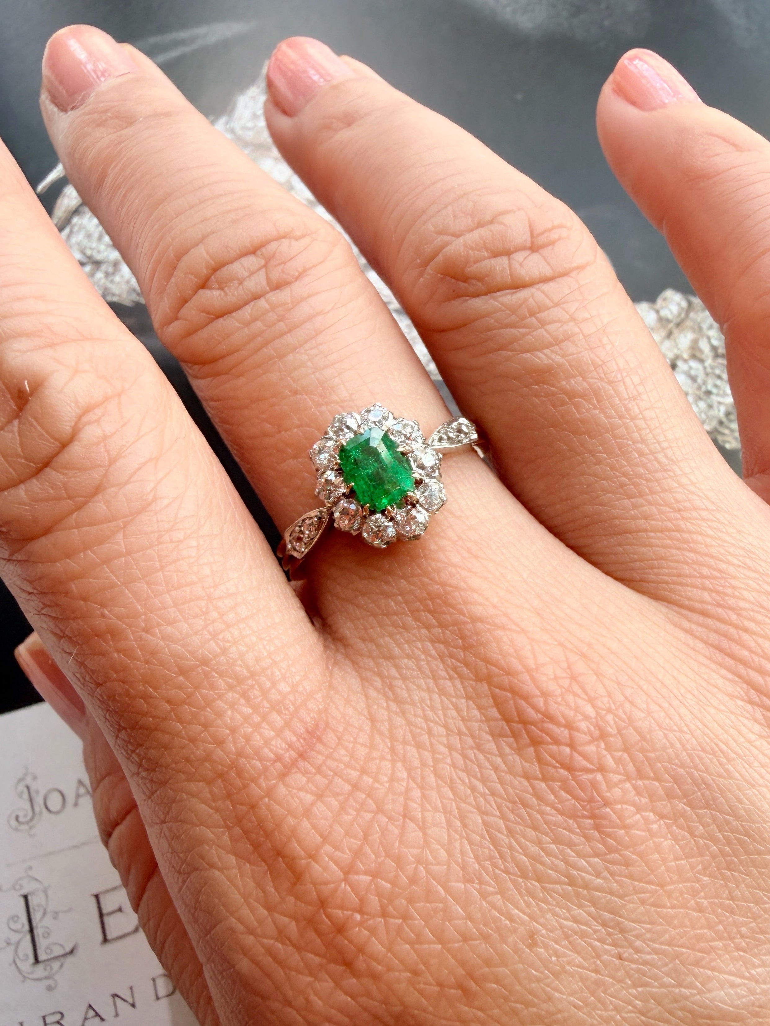 French antique 18K gold emerald diamond ring