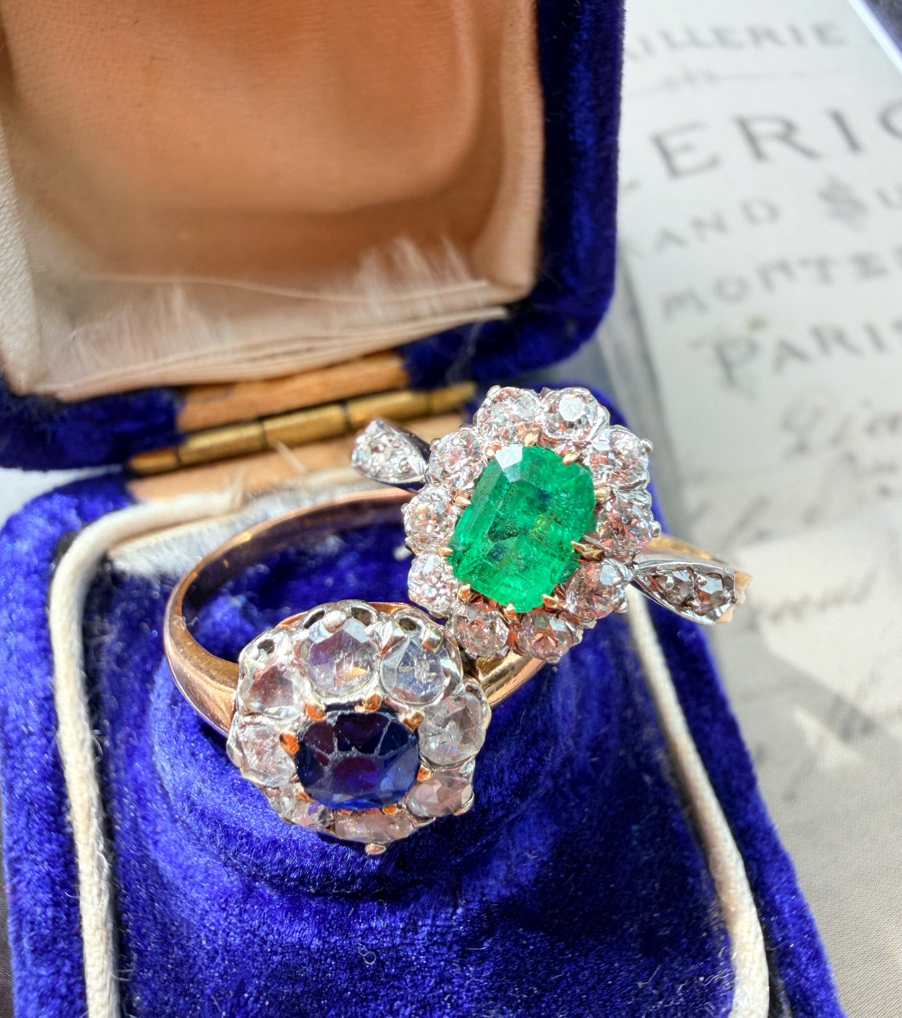 French antique 18K gold emerald diamond ring