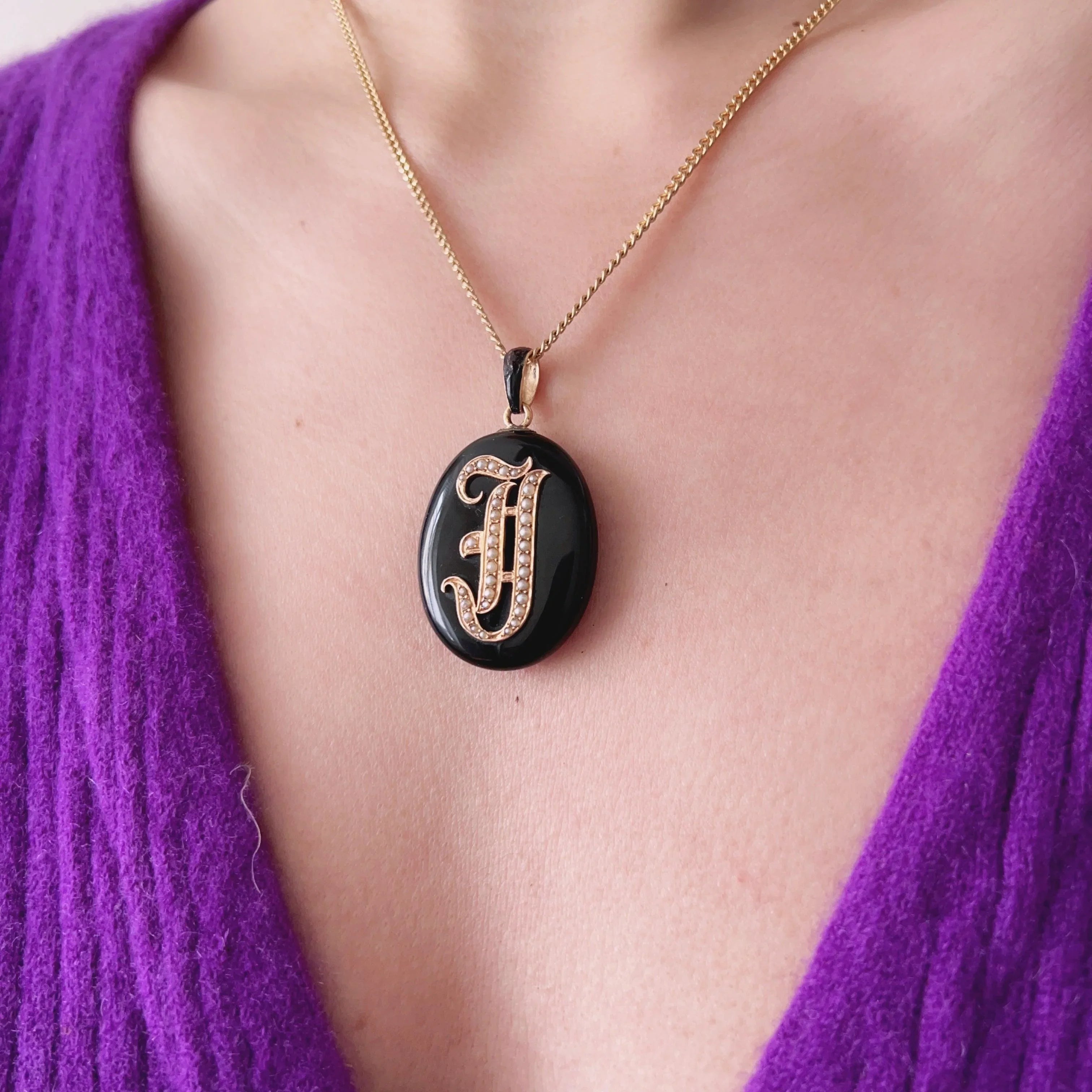 Reserved - Victorian era 18K gold onyx pearl “J” letter locket pendant - Curiously timeless