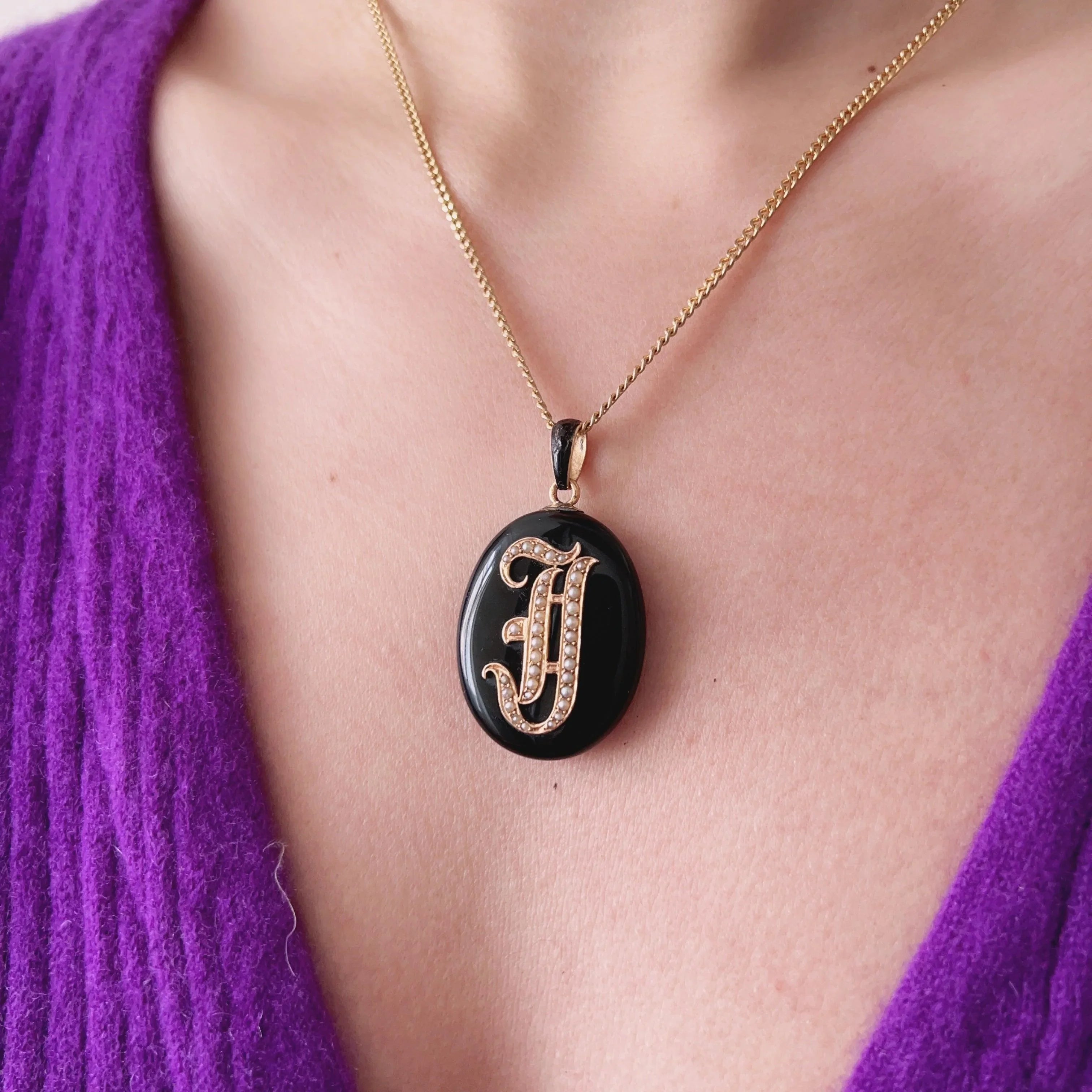 Reserved - Victorian era 18K gold onyx pearl “J” letter locket pendant - Curiously timeless
