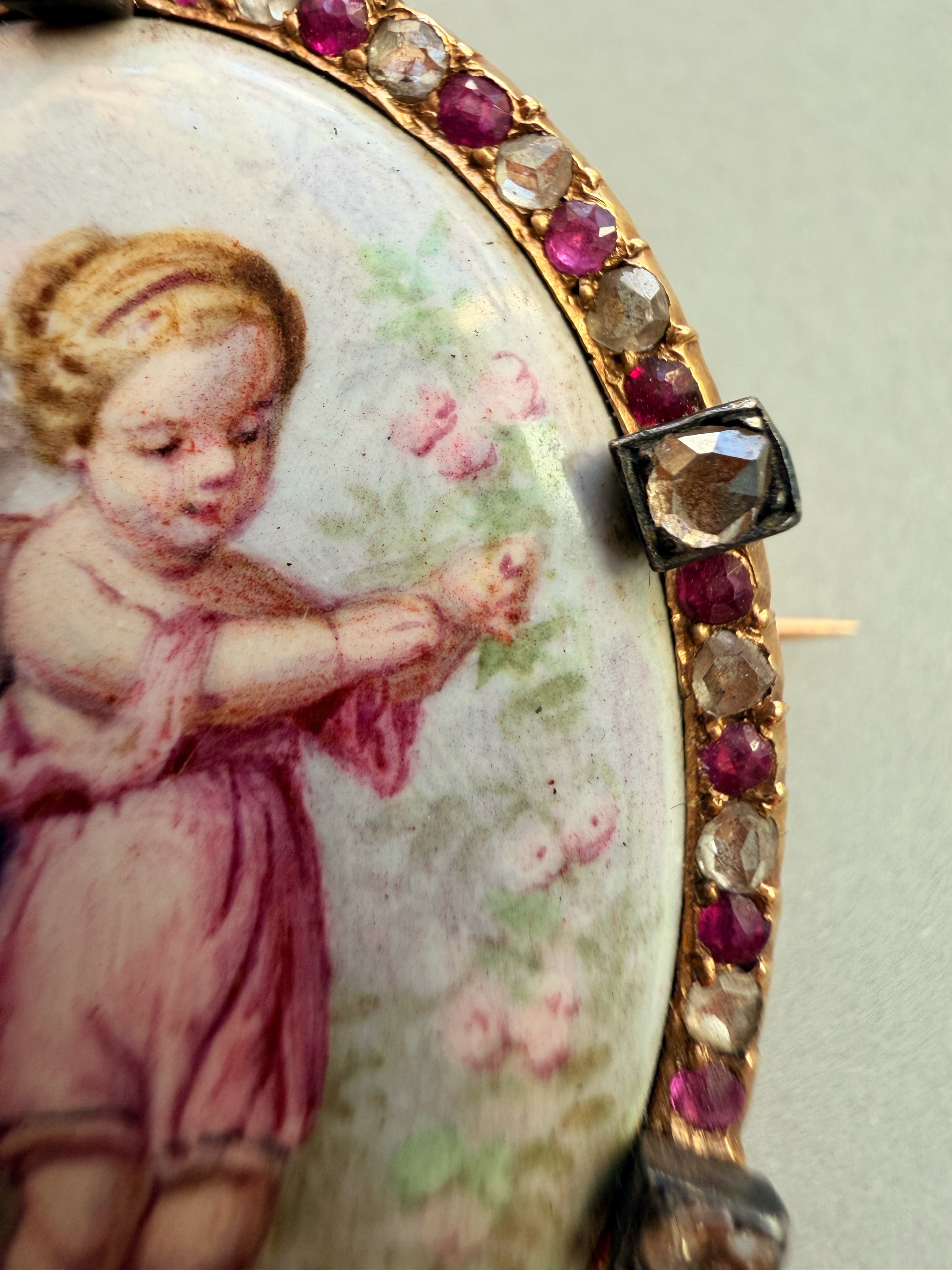 Victorian era 18K gold ruby diamond cherub miniature brooch