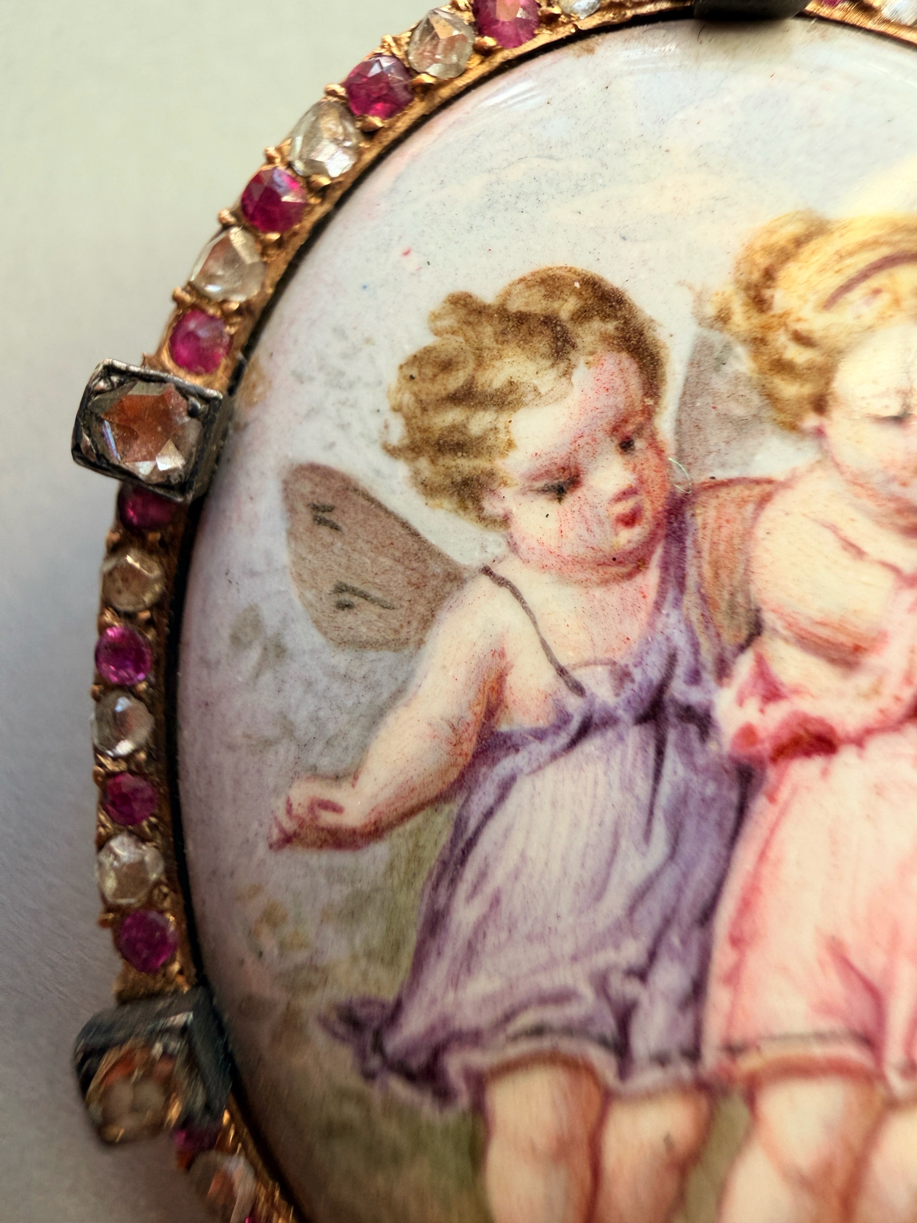 Victorian era 18K gold ruby diamond cherub miniature brooch