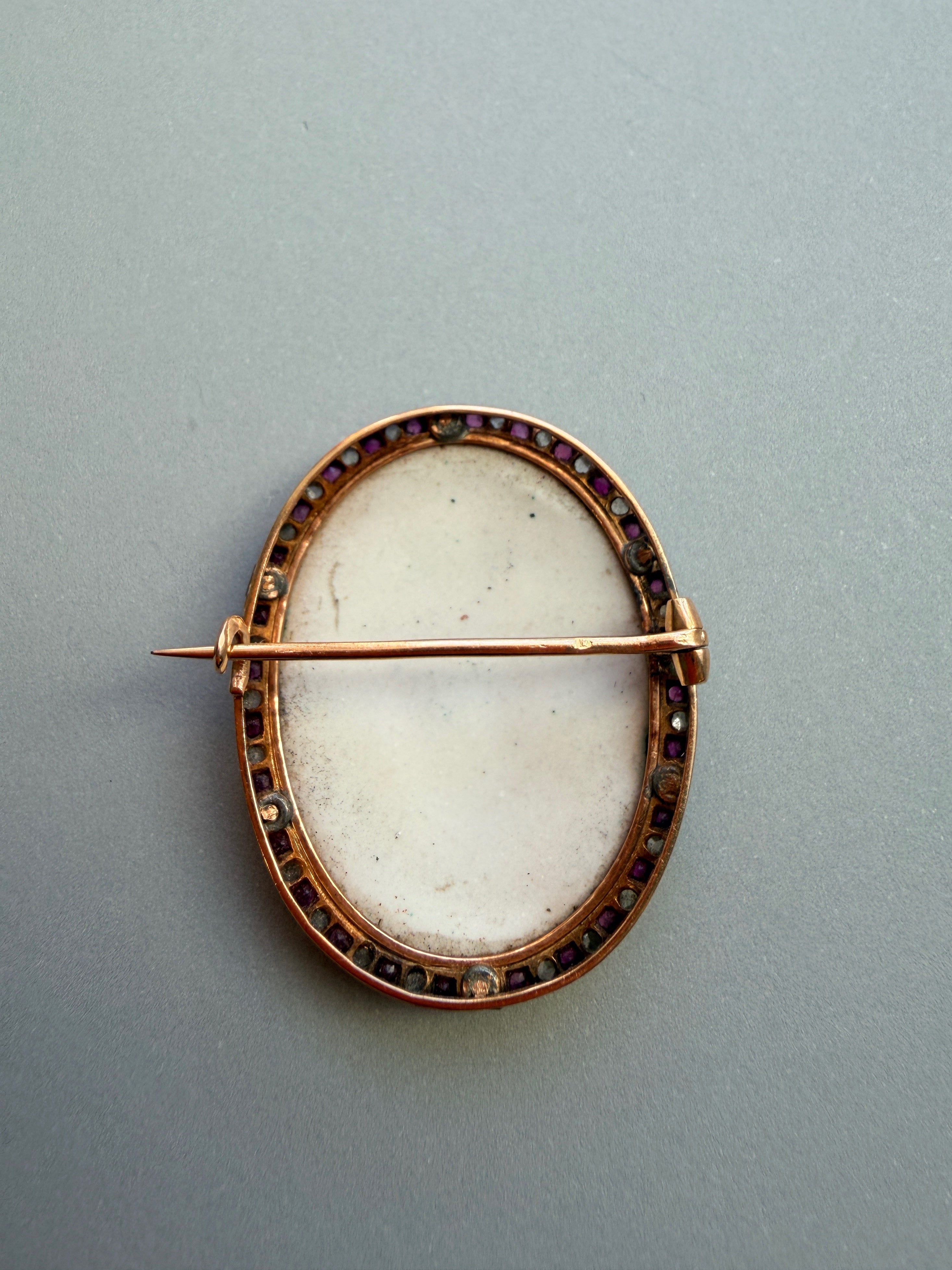 Victorian era 18K gold ruby diamond cherub miniature brooch