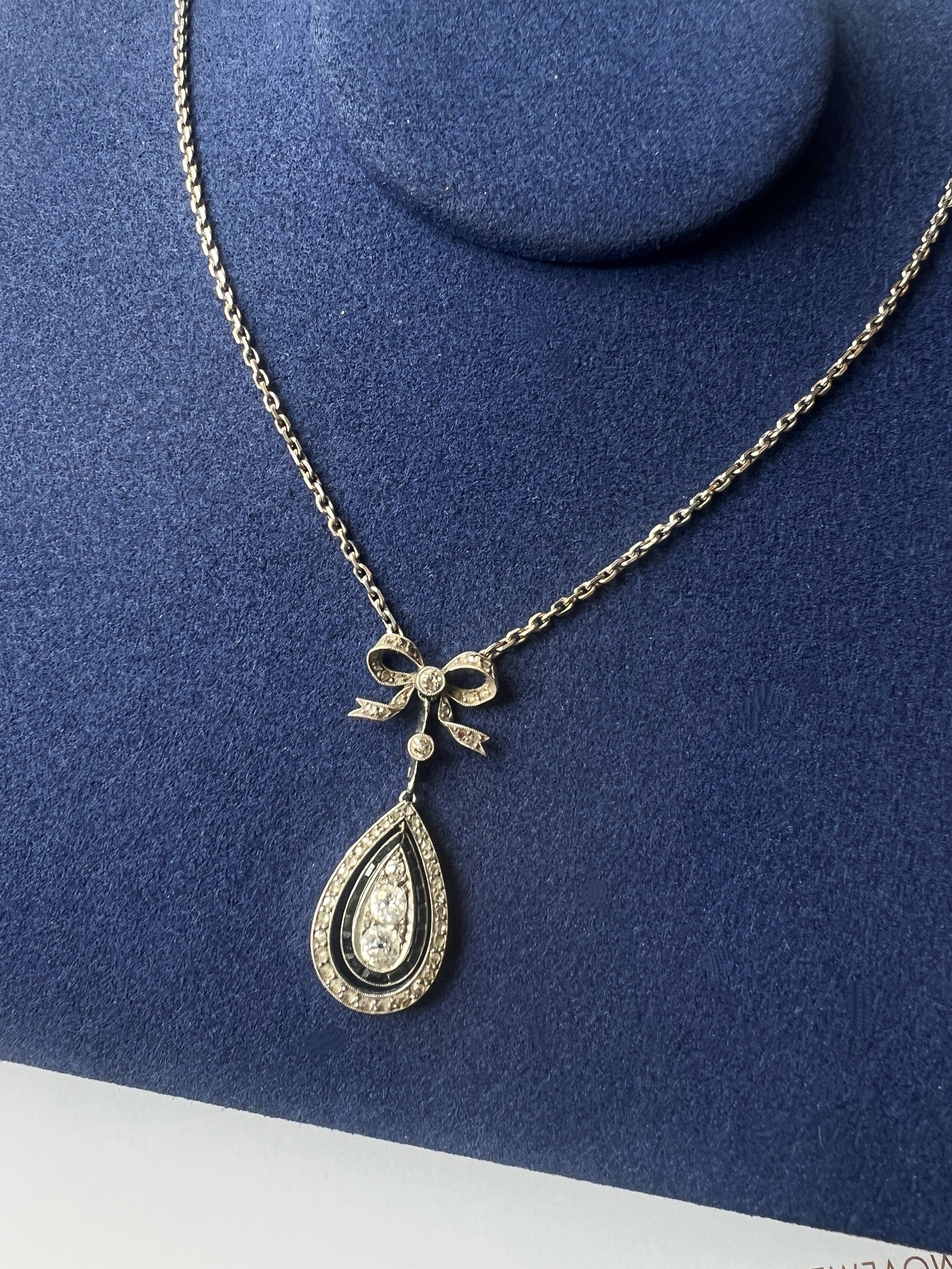 Edwardian Era French 18K White Gold & Platinum Diamond & Sapphire Bow Necklace