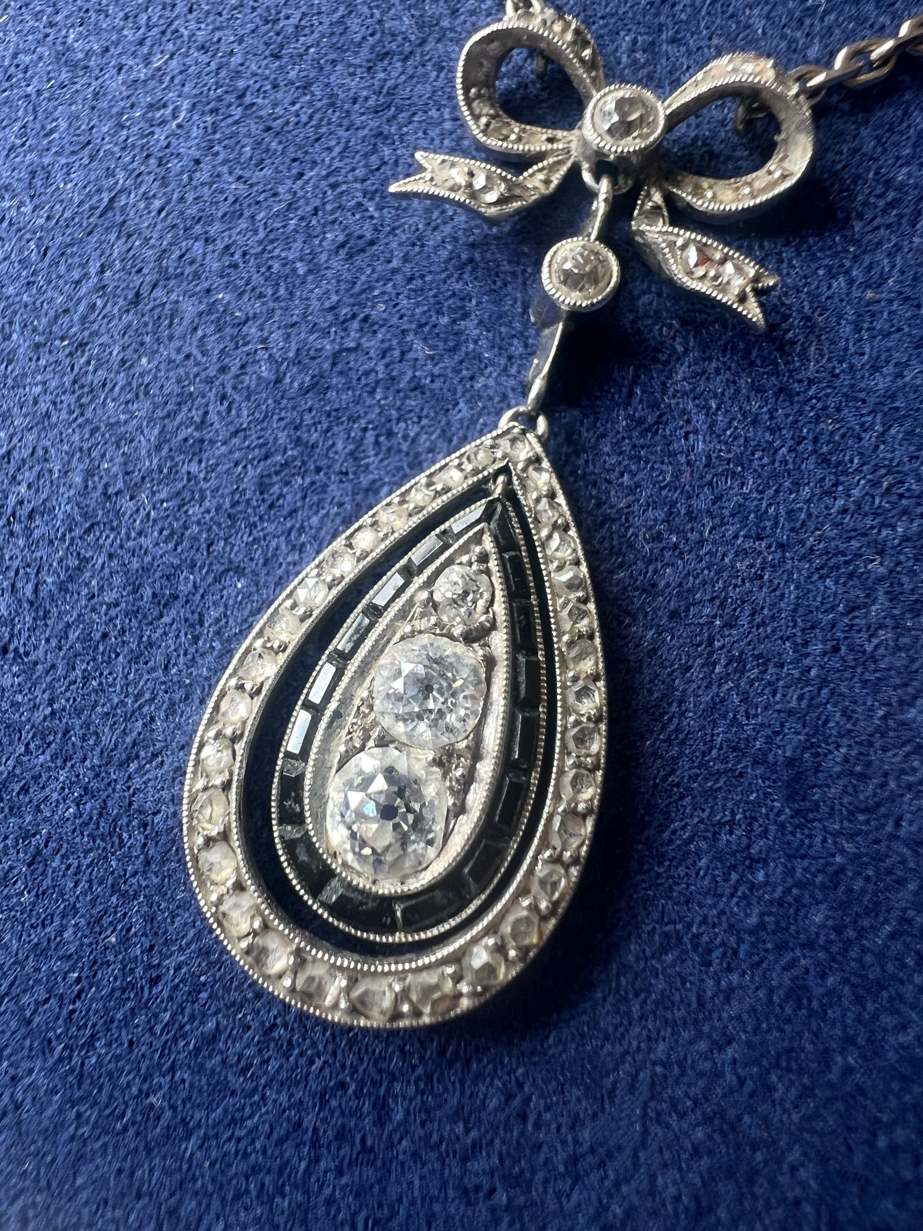 Edwardian Era French 18K White Gold & Platinum Diamond & Sapphire Bow Necklace