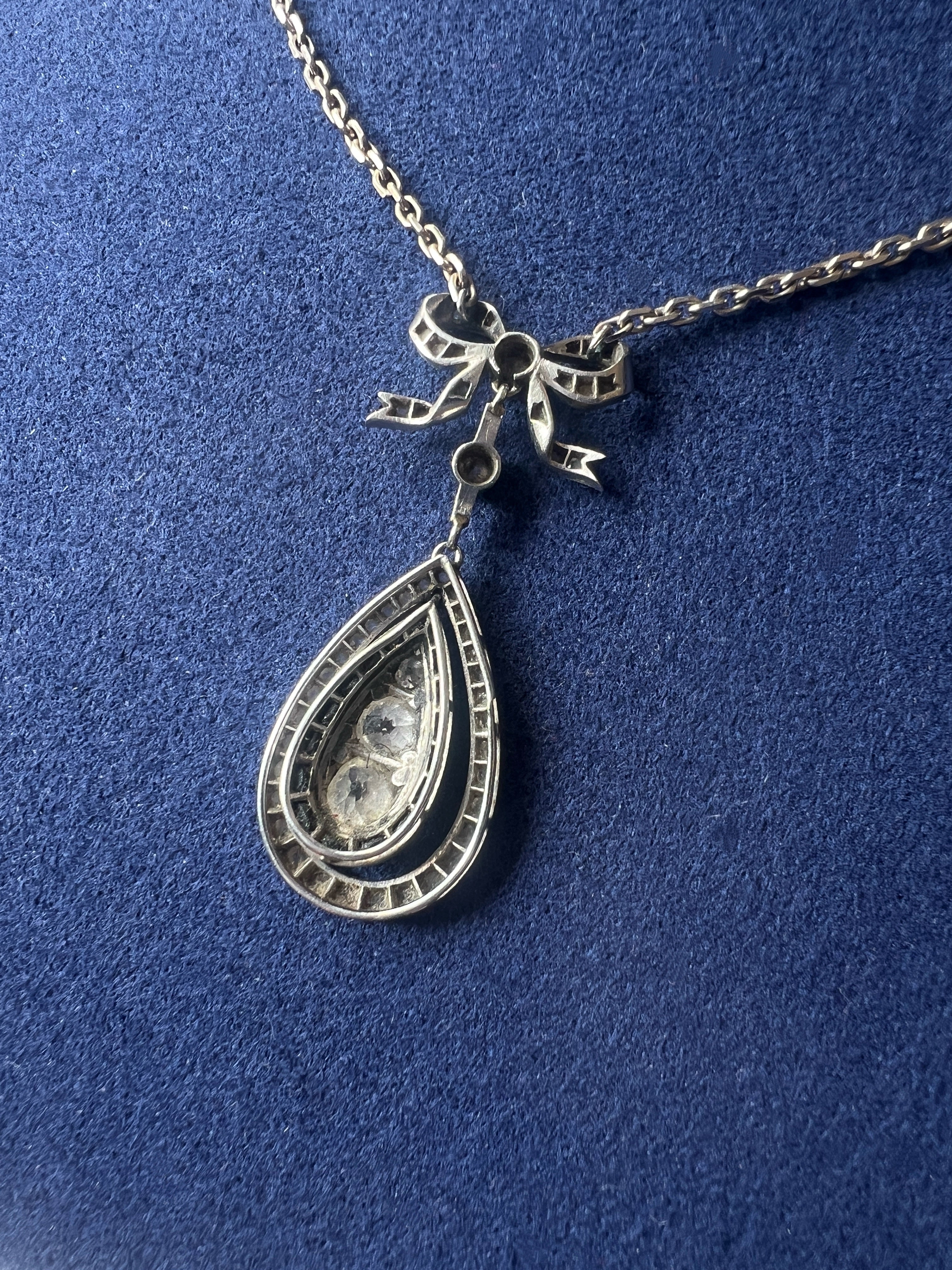 Edwardian Era French 18K White Gold & Platinum Diamond & Sapphire Bow Necklace
