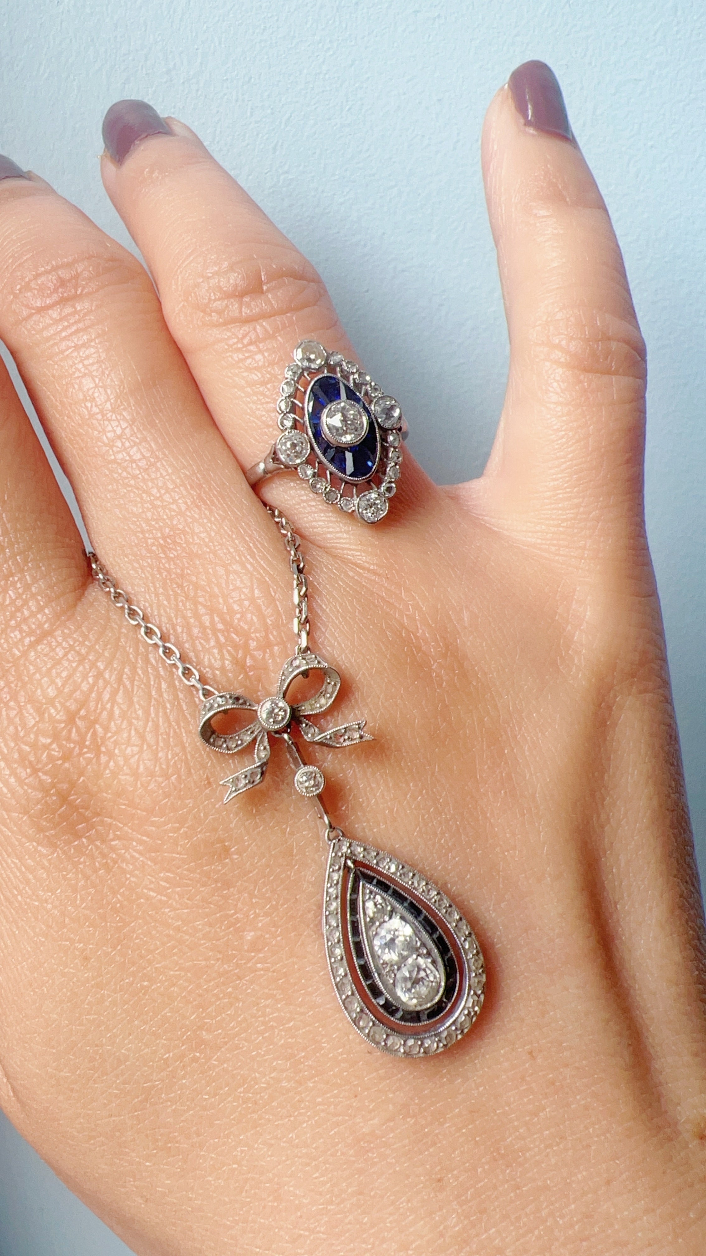 Edwardian 18K White Gold Platinum Diamond Sapphire Bow Necklace